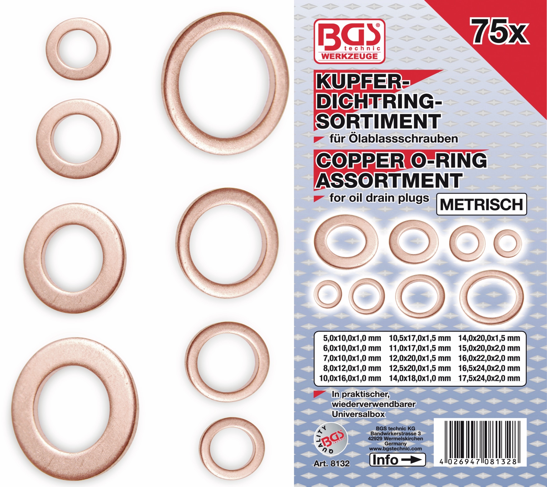 BGS TECHNIC Sort. Dichtring, 8132, Kupfer, metrisch, 75-tlg BGS TECHNIC Sort. Dichtring, 8132, Kupfer, metrisch, 75-tlg