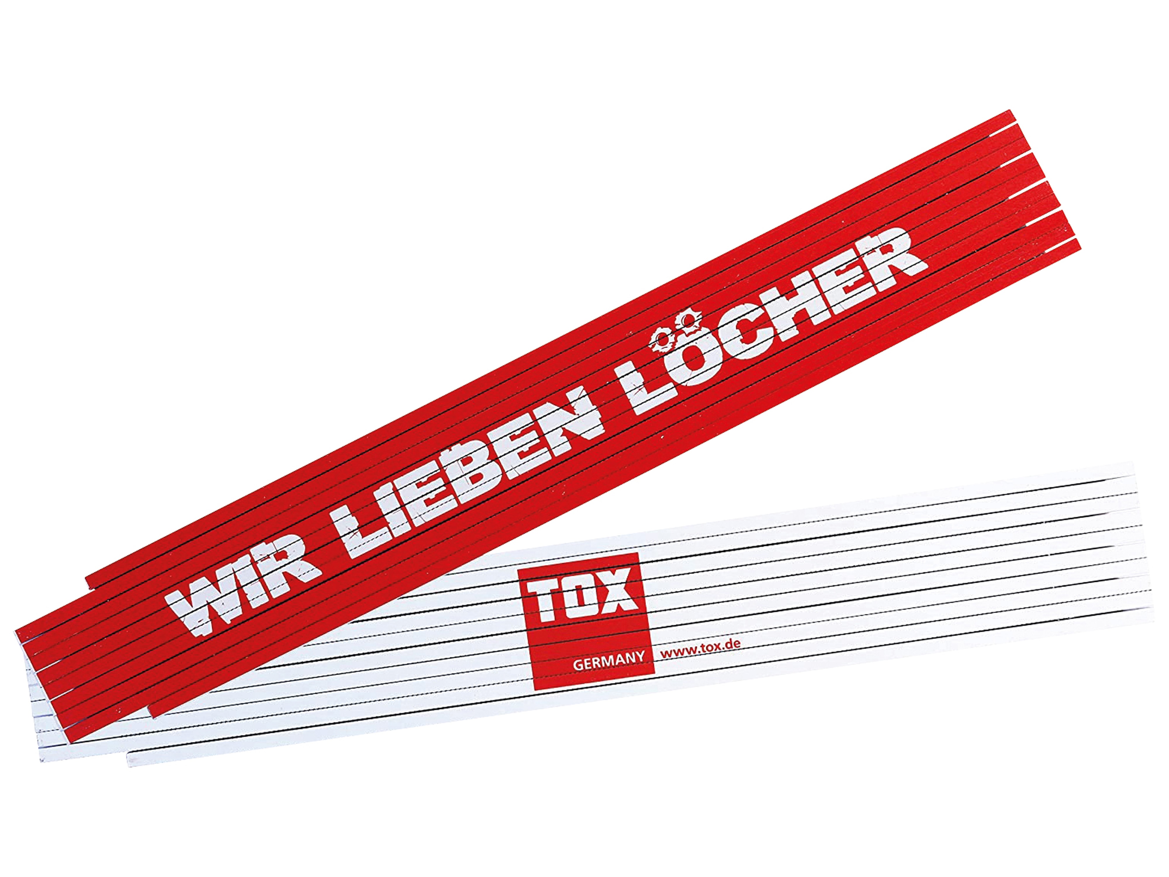 TOX Meterstab, Aufdruck:...wir lieben Löcher!, 2 m TOX Meterstab, Aufdruck:...wir lieben Löcher!, 2 m