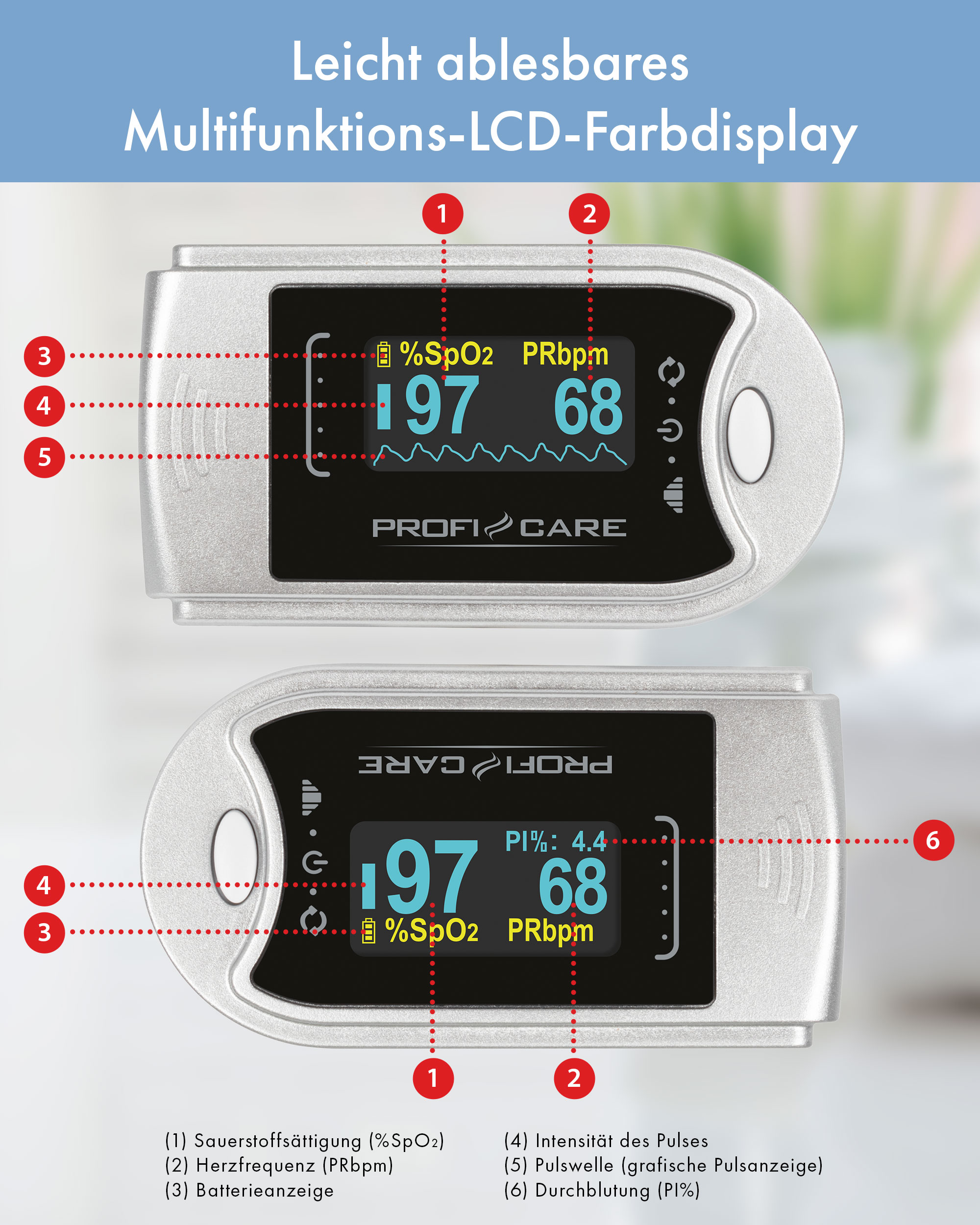 PROFI CARE Pulsoximeter PC-PO 3104, 3 in 1, Blutsauerstoff-Messgerät PROFICARE Pulsoximeter PC-PO 3104, 3 in 1, Blutsauerstoff-Messgerät