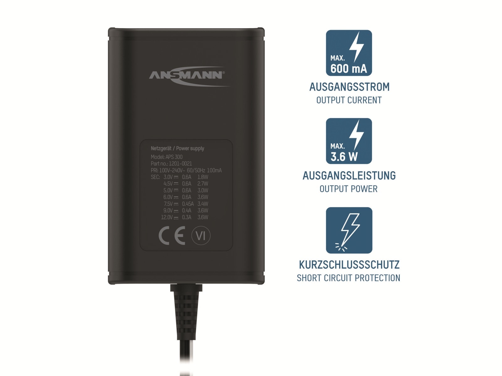 ANSMANN Universal-Netzteil APS 300, 3,6W, Ladestrom max. 0,6A, 3-12V- ANSMANN Universal-Netzteil APS 300, 3,6W, Ladestrom max. 0,6A, 3-12V-