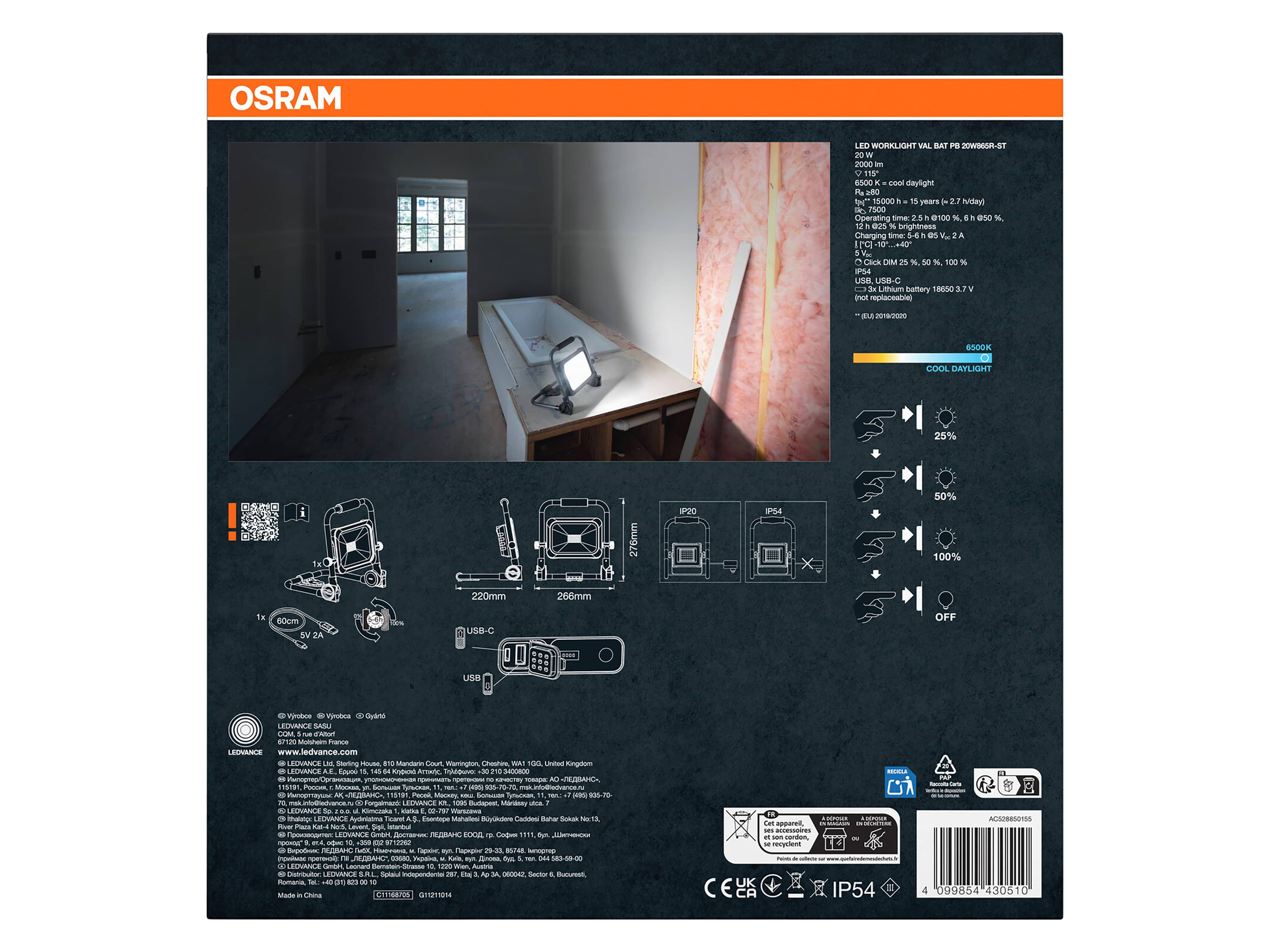 OSRAM LED-Akku-Arbeitsleuchte, 20W, 6500K, 2000lm, kaltweiß, IP54, schwarz OSRAM LED-Arbeitsleuchte, 20W, 6500K, 2000lm, kaltweiß, IP54, schwarz