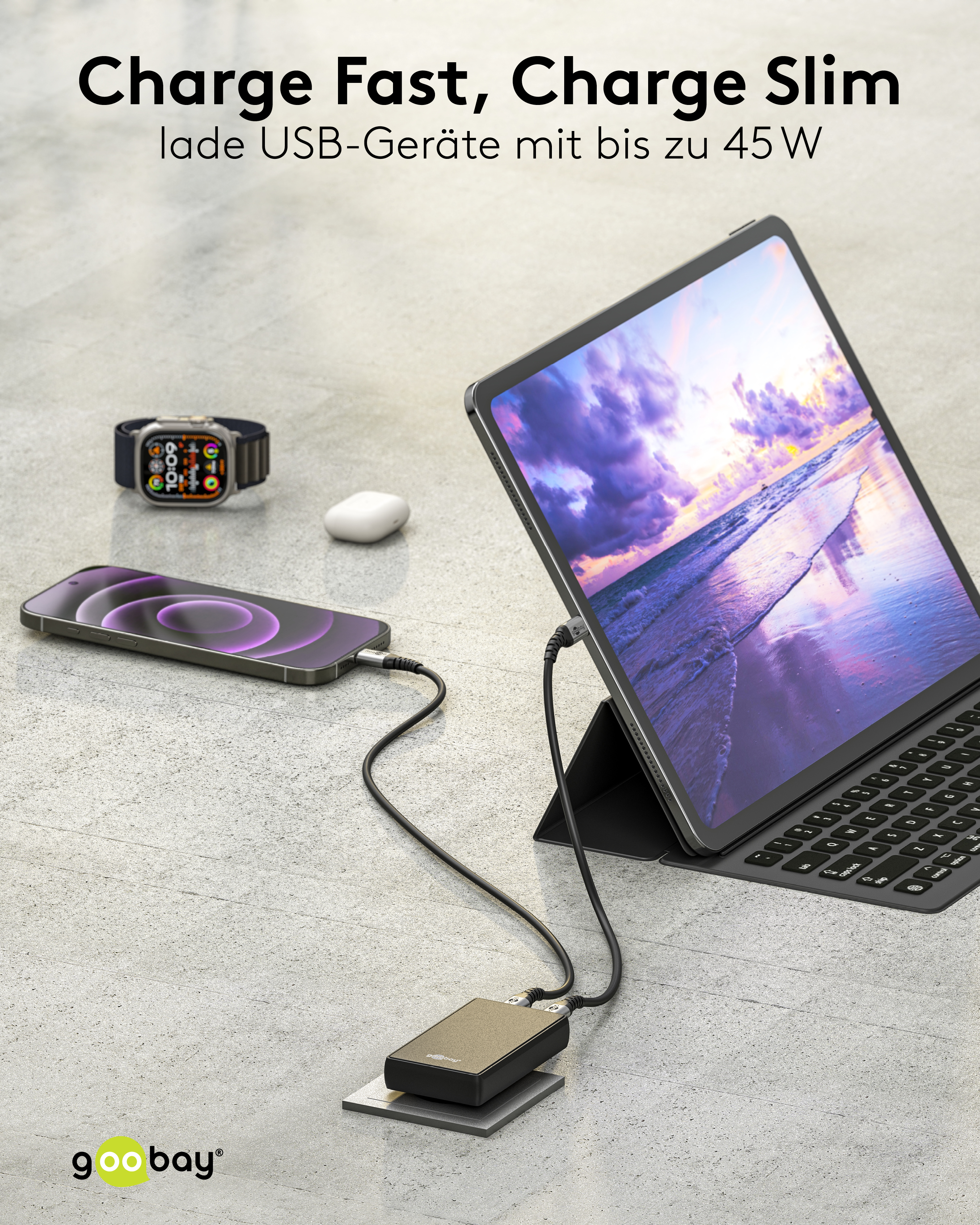 GOOBAY Dual-Schnellladegerät, 45W, 1x USB-C, 1x USB-A, 90° abgewickelt, flach, schwarz GOOBAY Dual-Schnellladegerät, 45W, 1x USB-C, 1x USB-A, 90° abgewickelt, flach, schwarz