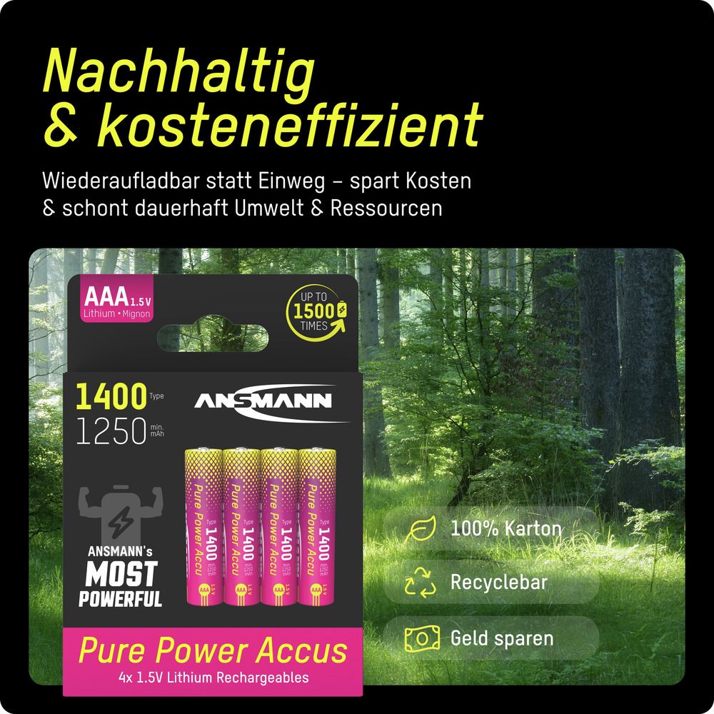 ANSMANN Li-Ion Akkus, Micro AAA, Typ 1400 (min. 1250 mAh), 4 Stück Li-Lon Akkus ANSMANN, Micro AAA, Typ 1400 (min. 1250 mAh), 4 Stück