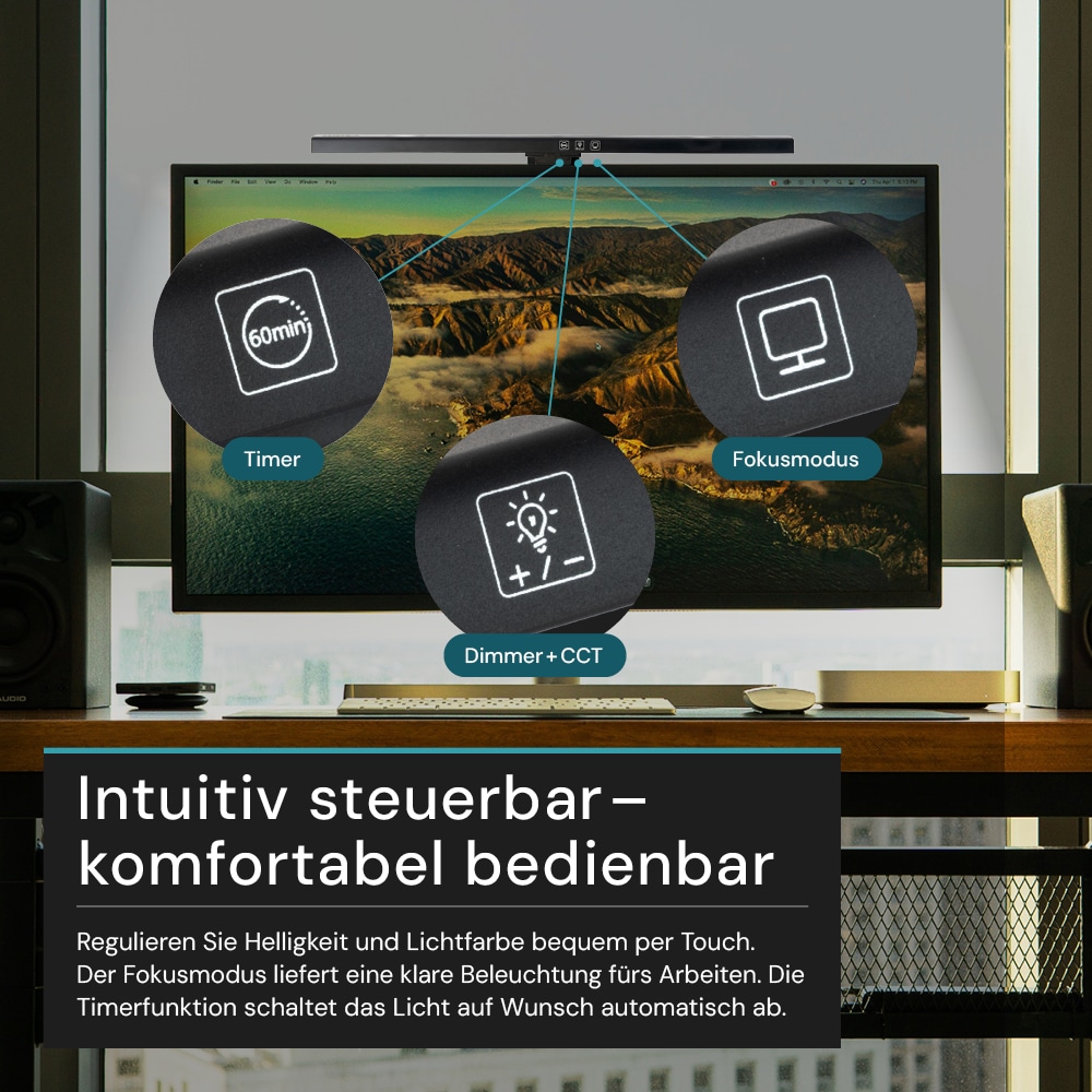 LUXULA LED-Monitorleuchte, 5W, EEK: G, 250lm, CCT, IP20, Touch Control, schwarz, 50 cm