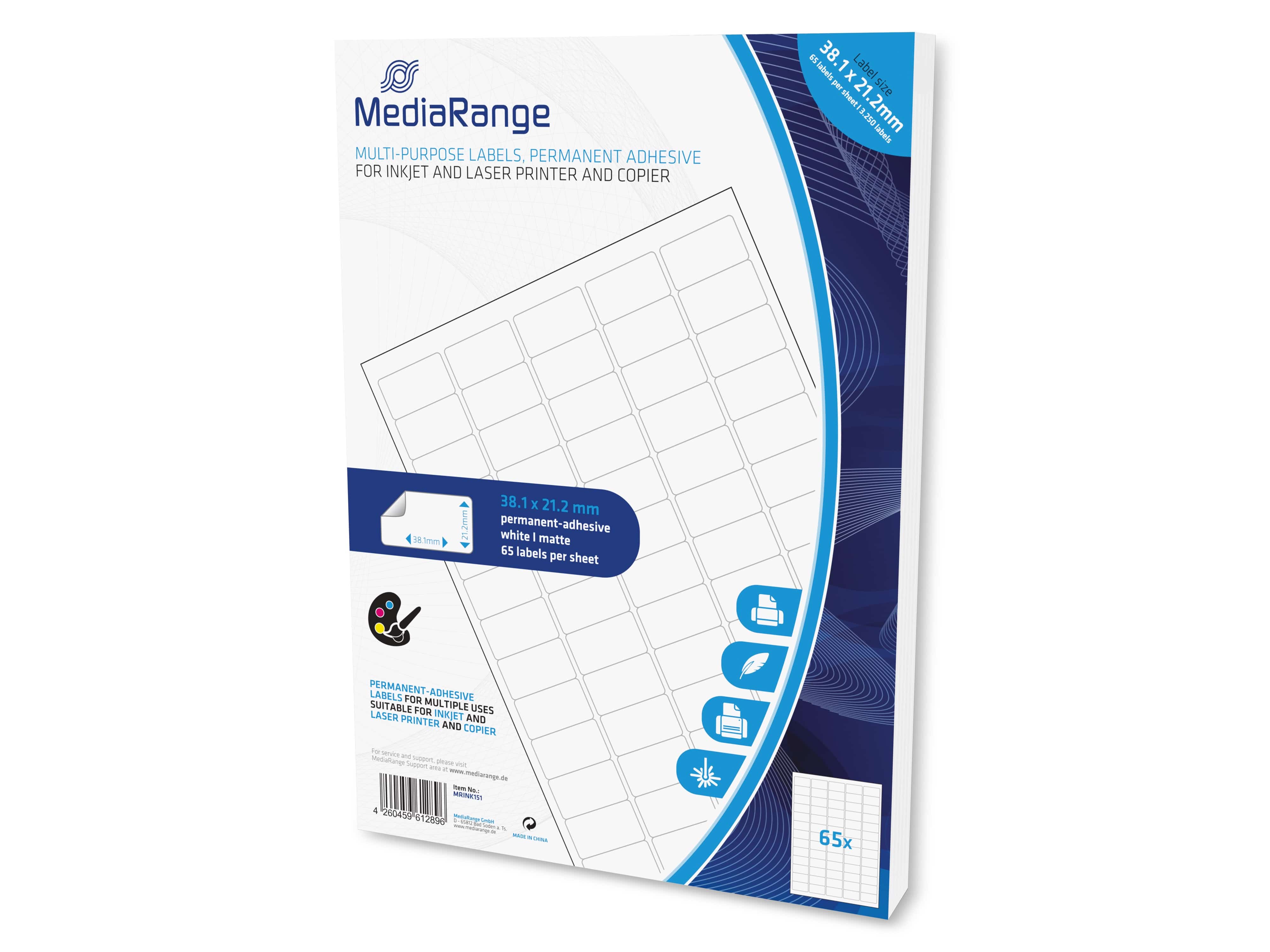 MEDIARANGE Universal-Etiketten MRINK151, 38,1x21,2mm, weiß, 3250 Etiketten MEDIARANGE Universal-Etiketten MRINK151, 38,1x21,2mm, weiß, 3250 Etiketten