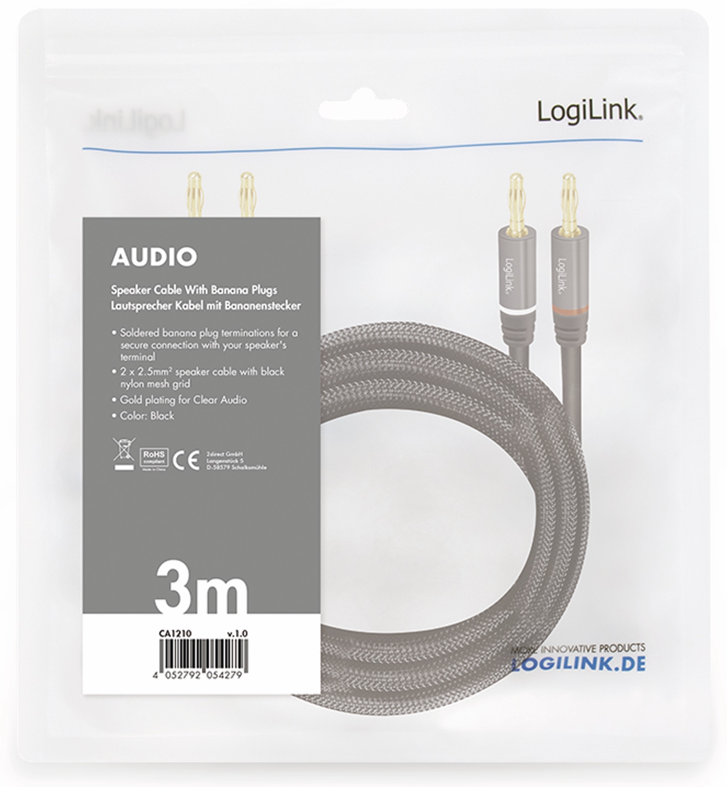 LOGILINK Lautsprecherkabel CA1210, 3 m, 2x2 Bananenstecker, Nylon, schwarz LOGILINK Lautsprecherkabel CA1210, 3 m, 2x2 Bananenstecker, Nylon, schwarz