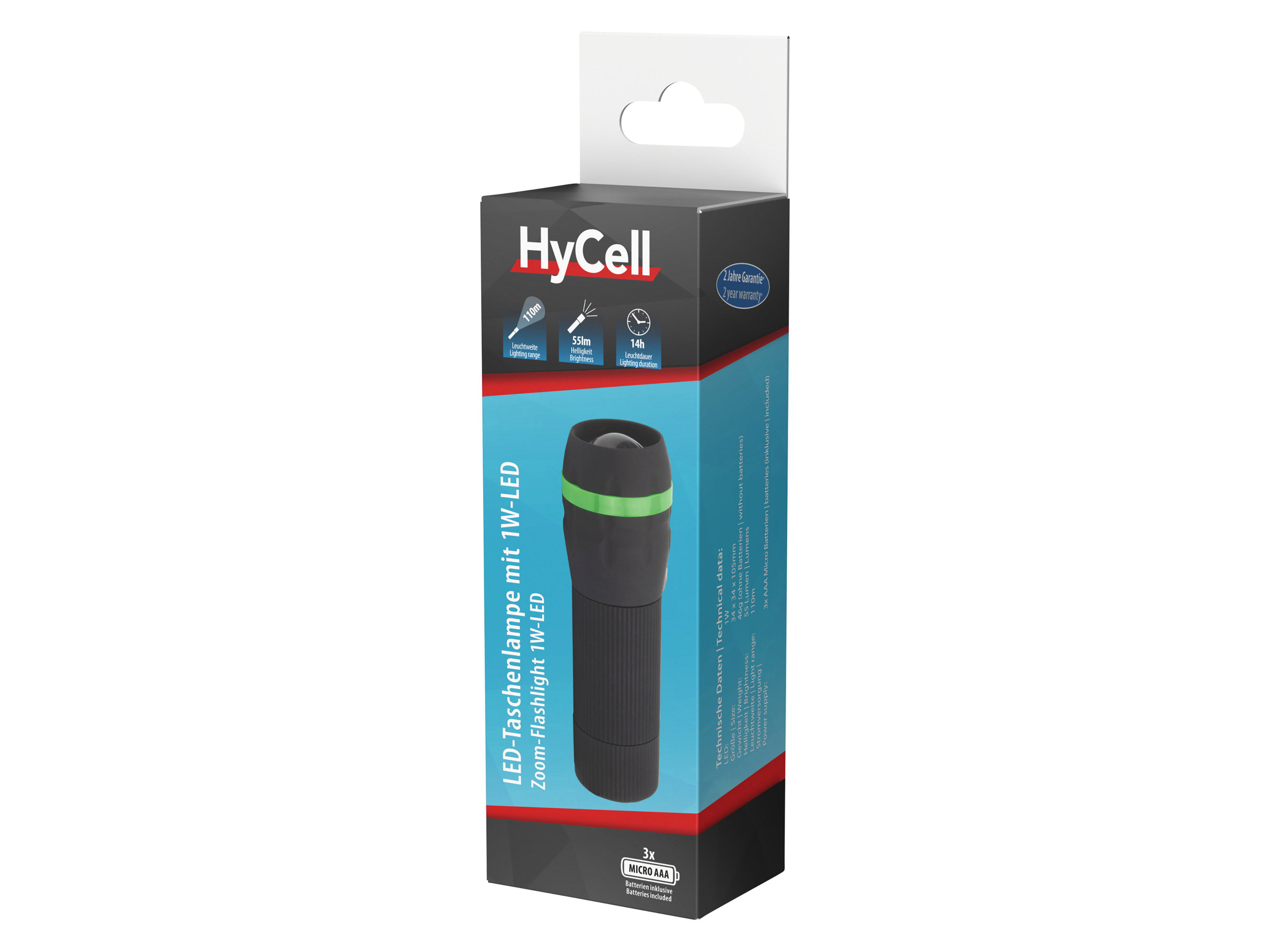 HYCELL LED-Taschenlampe Zoom, Kunststoff, 1W, 55 lm, batteriebetrieben