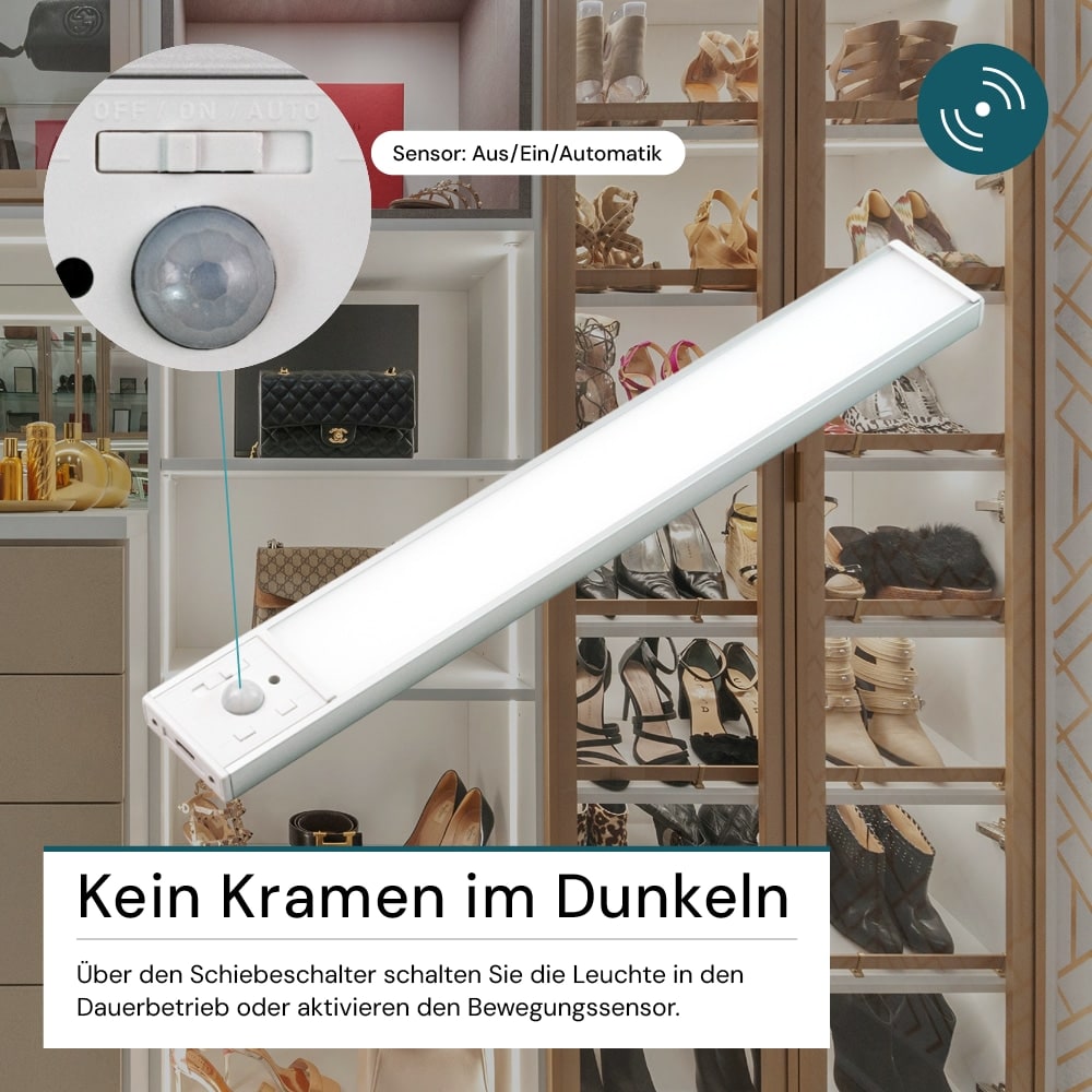 LUXULA LED-Schrankleuchte mit Bewegungsmelder, 2,96W, 110lm, CCT, IP20, silber, 30cm LUXULA LED-Schrankleuchte mit Bewegungsmelder, 2,96W, 850lm, CCT, IP20, silber, 30cm