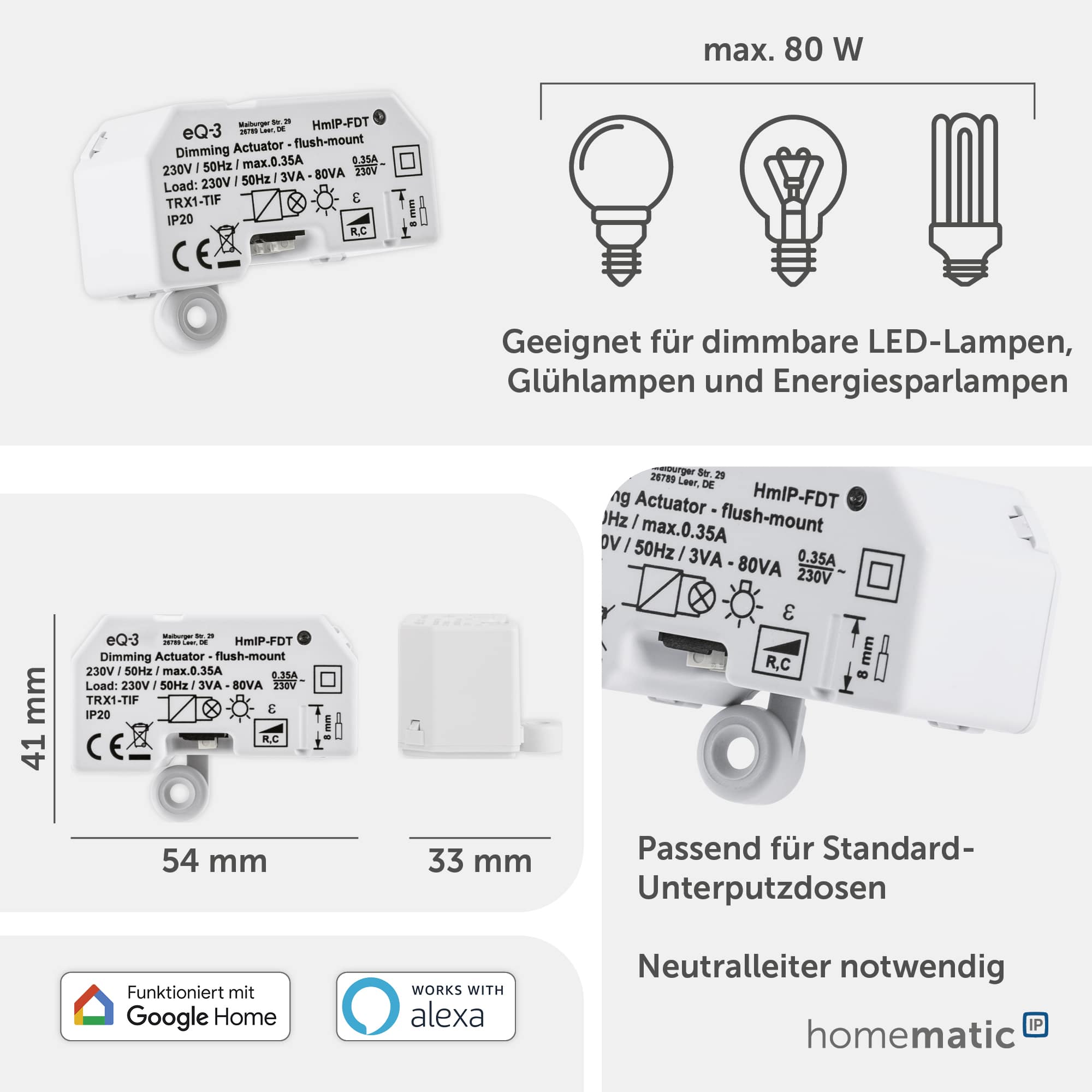 HOMEMATIC IP Smart Home 150609A0, Dimmaktor, Unterputz, Phasenabschnitt HOMEMATIC IP Smart Home 150609A0, Dimmaktor, Unterputz, Phasenabschnitt