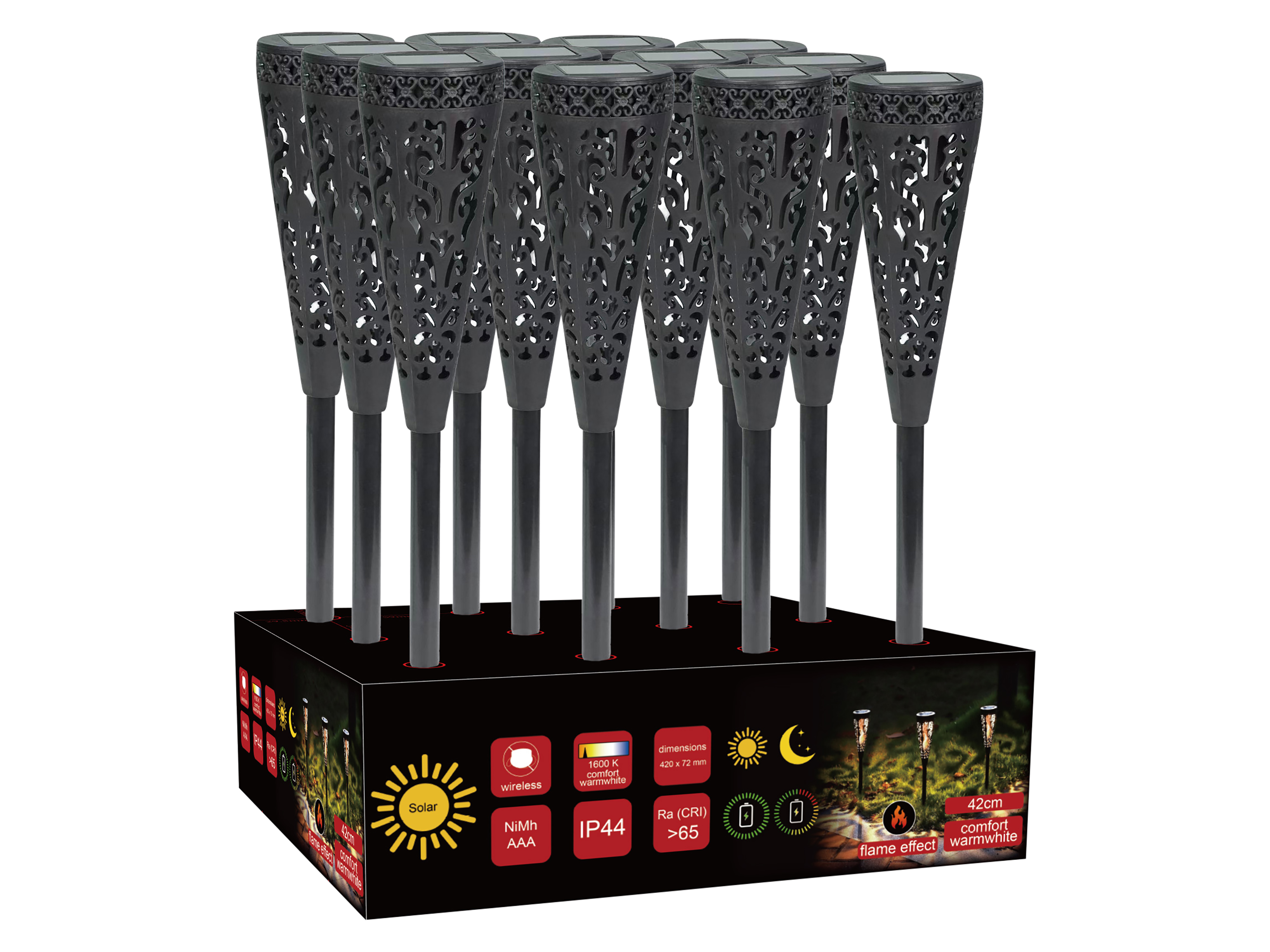 BLULAXA Solar LED-Gartenleuchte 51017, 1600K, IP44, Flackereffekt, schwrz