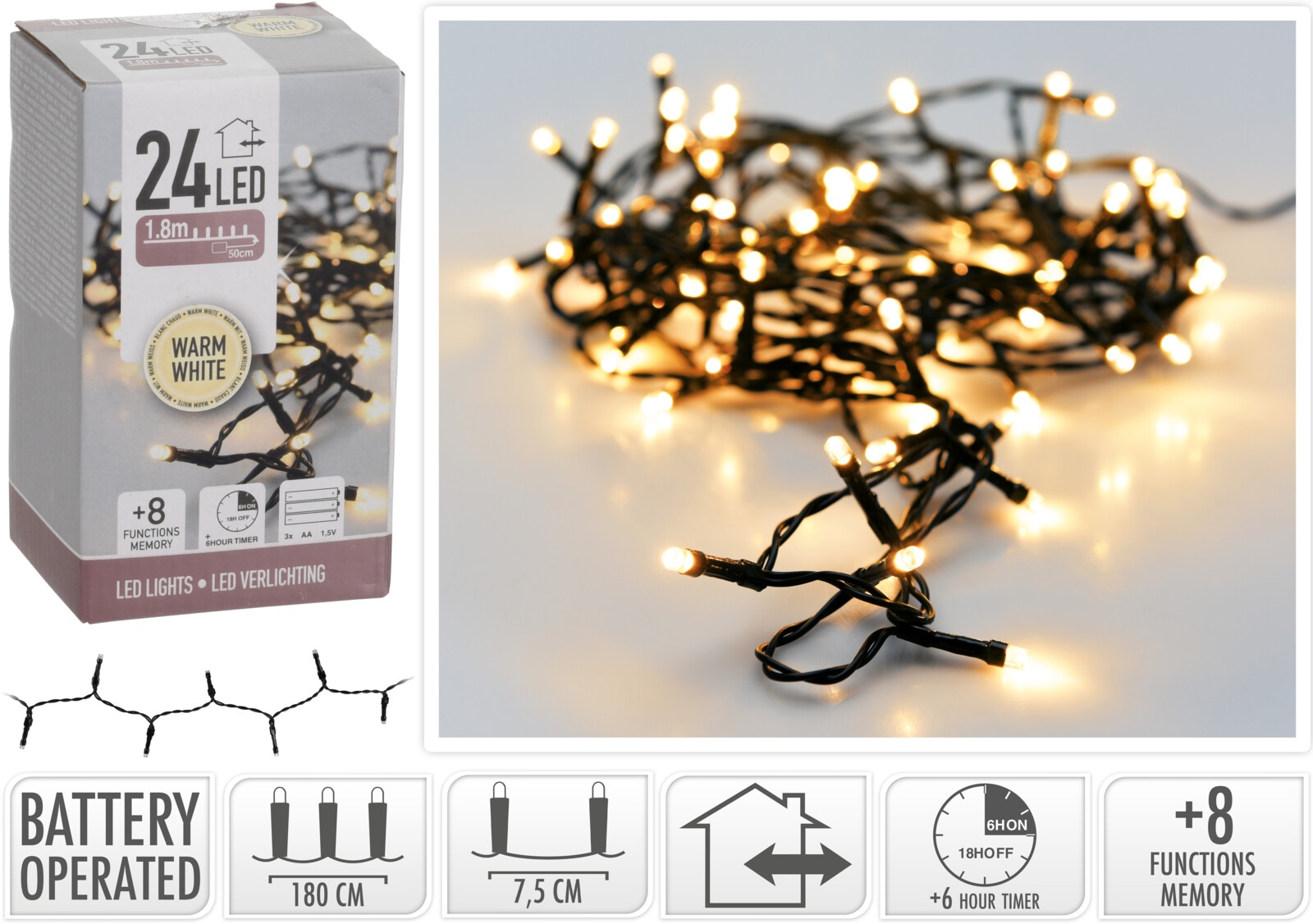 LED-Lichterkette warmweiß, 24 LEDs, Batteriebetrieben, schwarzes Kabel, Innen/Außen, 2,30m KOOPMAN LED-Lichterkette warmweiß, 24 LEDs, Batteriebetrieben, schwarzes Kabel, Innen/Außen, 2,30m