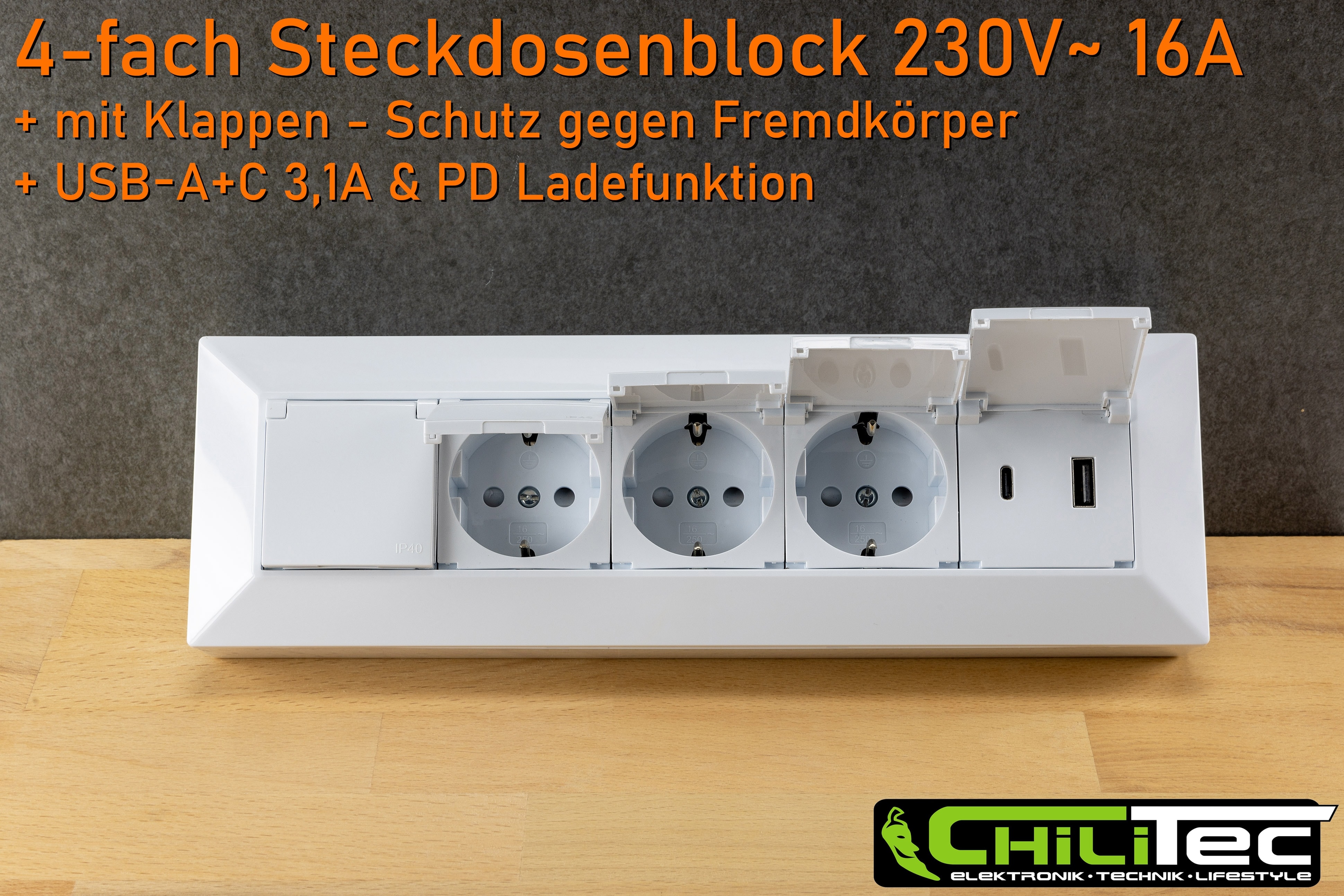 CHILITEC Steckdosenblock 23960, 4-fach, mit Schutzklappen, USB-A+C, weiß CHILITEC Steckdosenblock 23960, 4-fach, mit Schutzklappen, USB-A+C, weiß