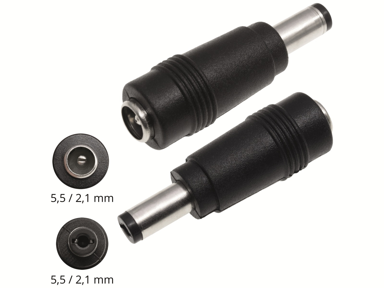 Hohlsteckeradapter, 5,5/2,1 Hohlkupplung auf 5,5/2,1 Hohlstecker mit Feder Hohlsteckeradapter, 5,5/2,1 Hohlkupplung auf 5,5/2,1 Hohlstecker mit Feder