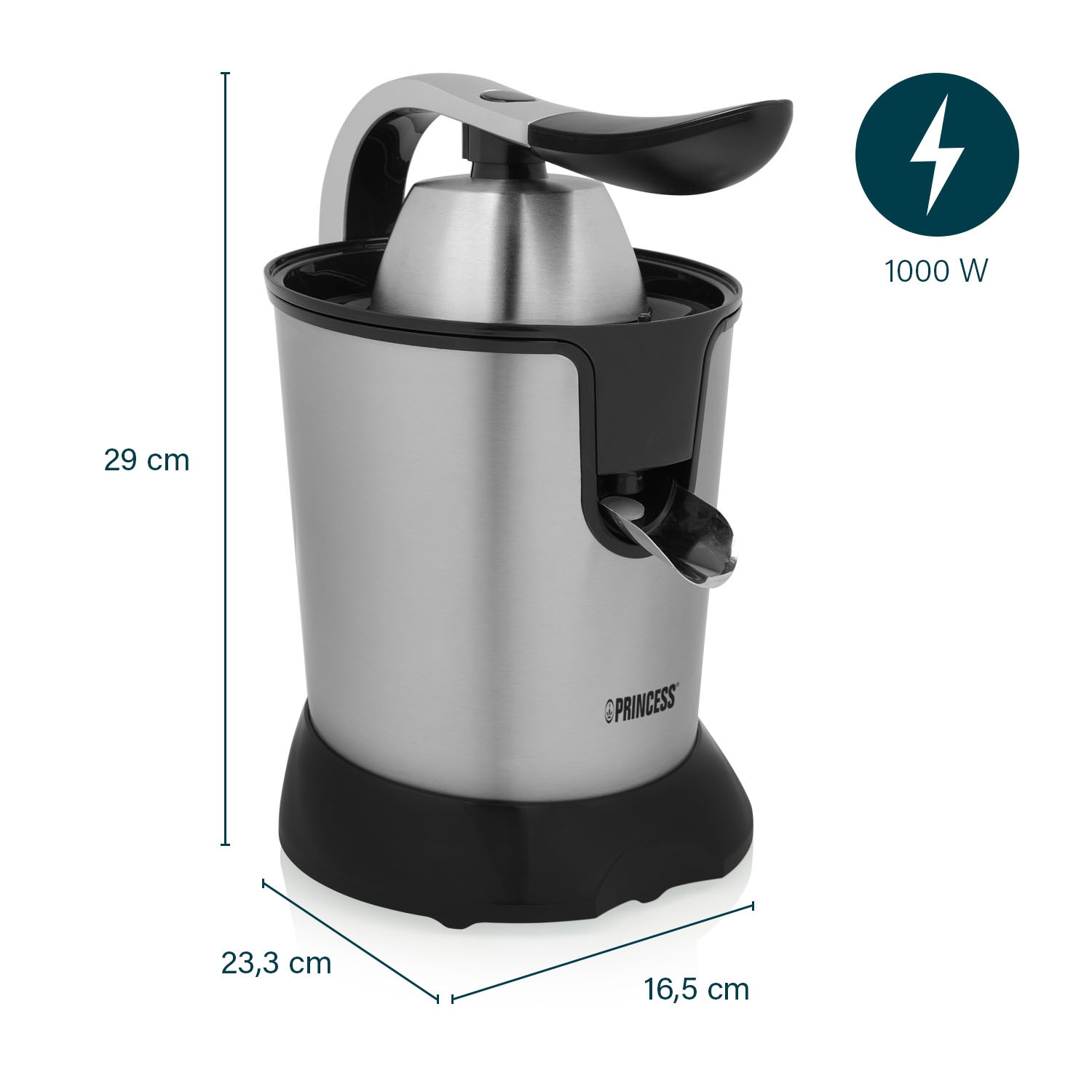 PRINCESS Edelstahl-Zitrusfruchtpresse, 2 Presskegel, mit Filter, 100 W
