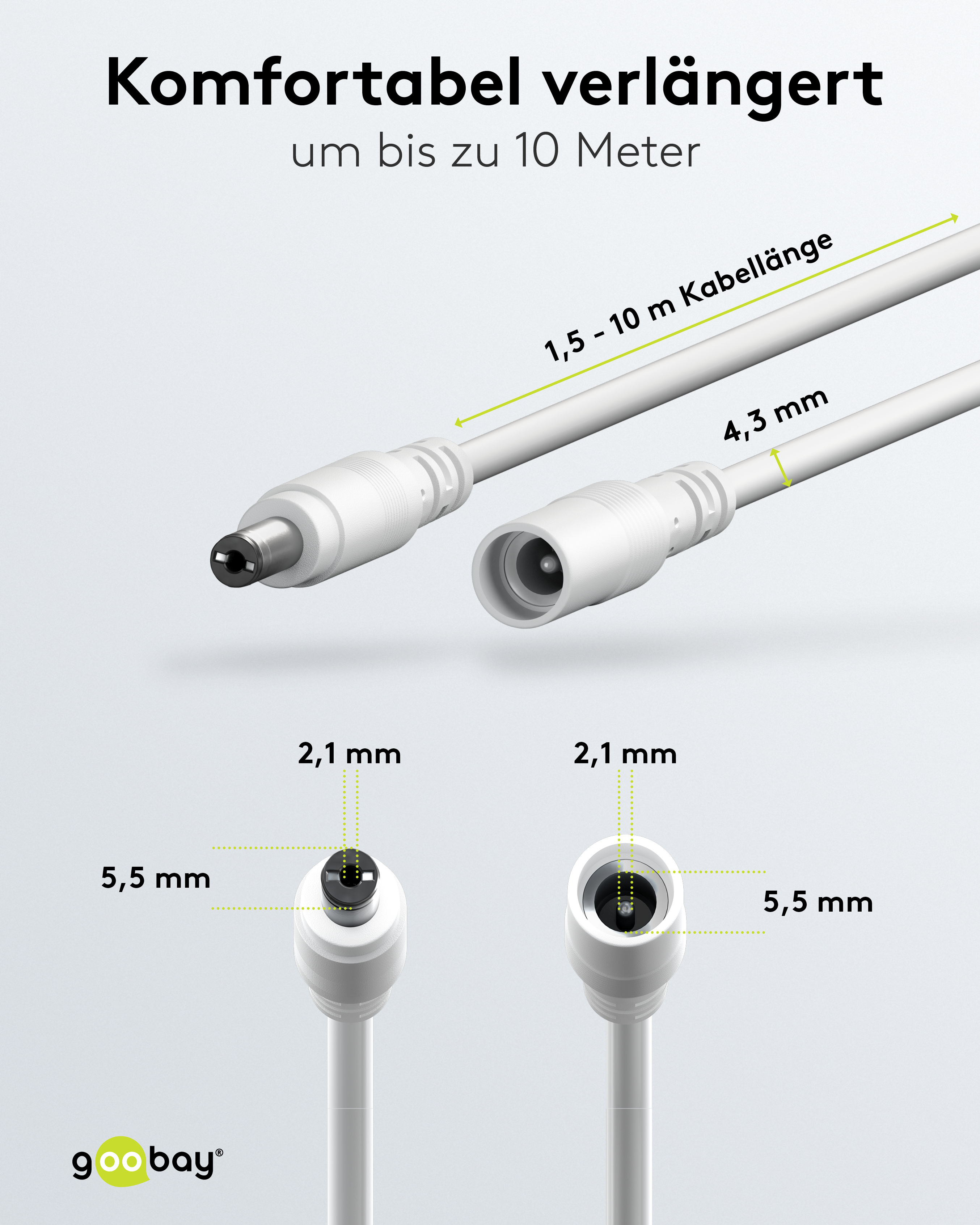 GOOBAY DC-Adapterkabel 2,1 mm, DC-Stecker auf DC-Kupplung, weiß, 3 m GOOBAY DC-Adapterkabel 2,1 mm, DC-Stecker auf DC-Kupplung, weiß, 3 m