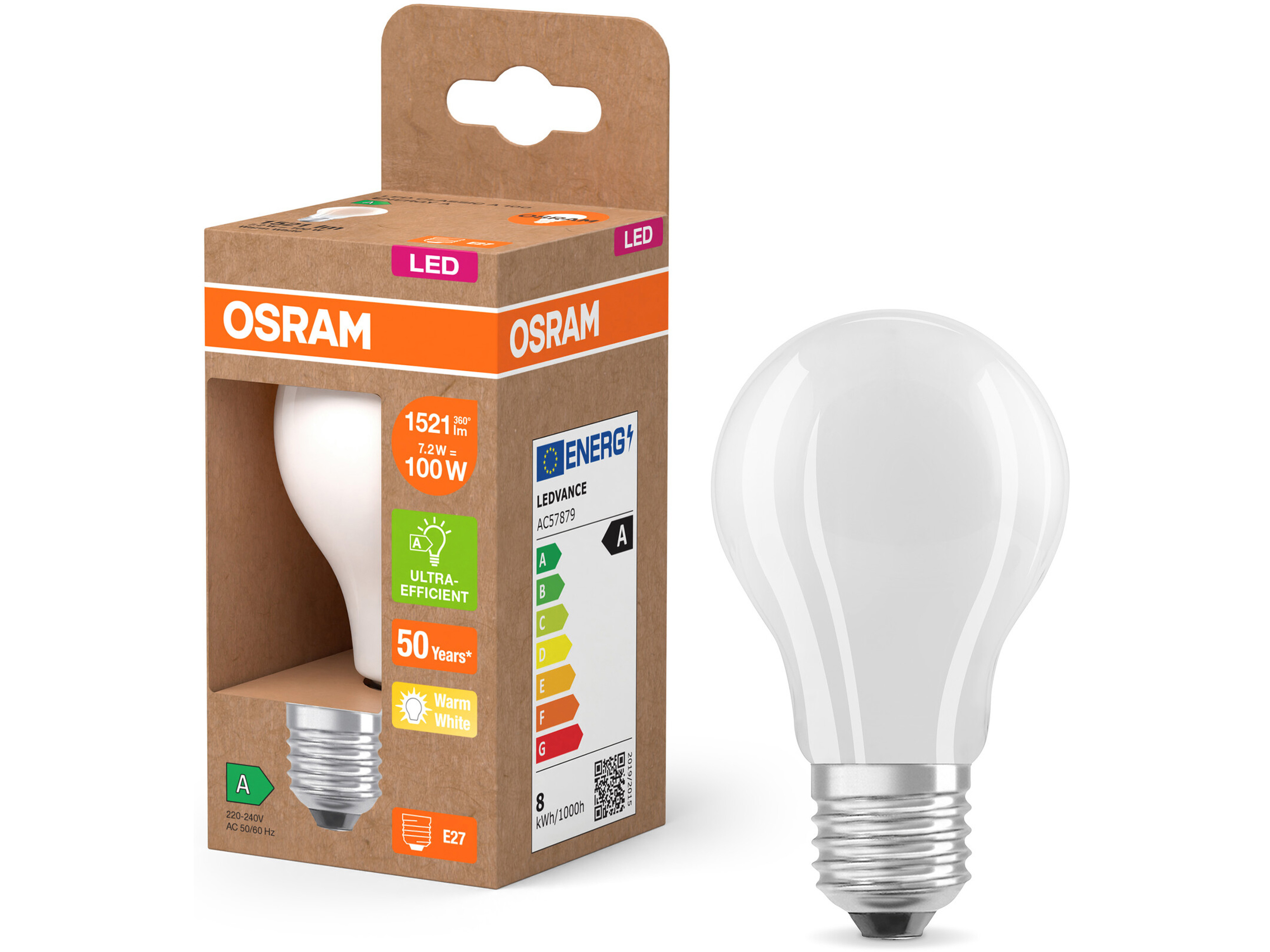 OSRAM LED-Lampe, Kolbenform, E27, 7,2 W, 2700 K, EEK: A, 1521 lm, warmweiß