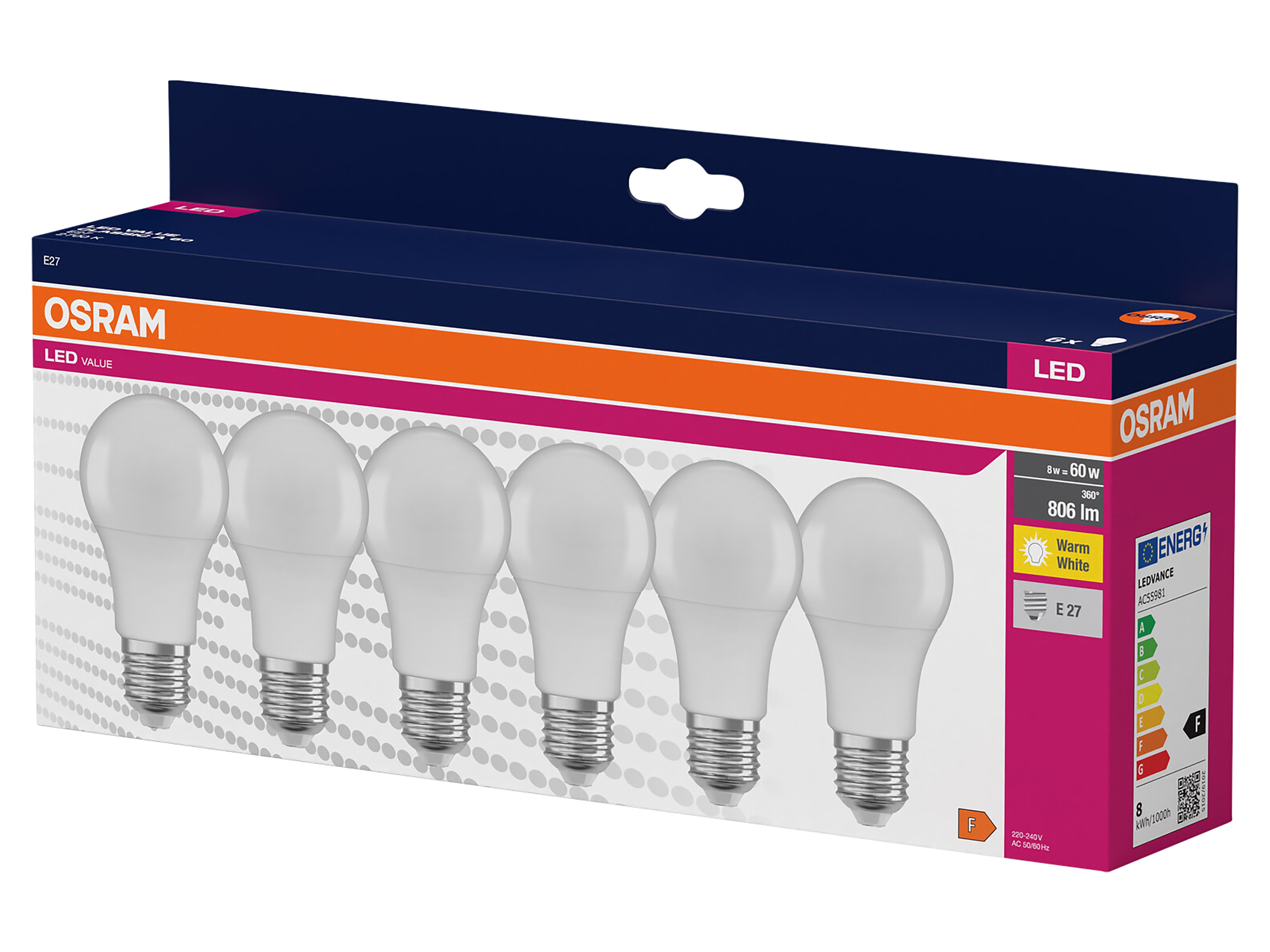 OSRAM LED-Lampe A60 matt, 6 Stück, E27, 8 W, 806 lm, 2700 K OSRAM LED-Lampe A60 matt, 6 Stück, E27, 8 W, 806 lm, 2700 K