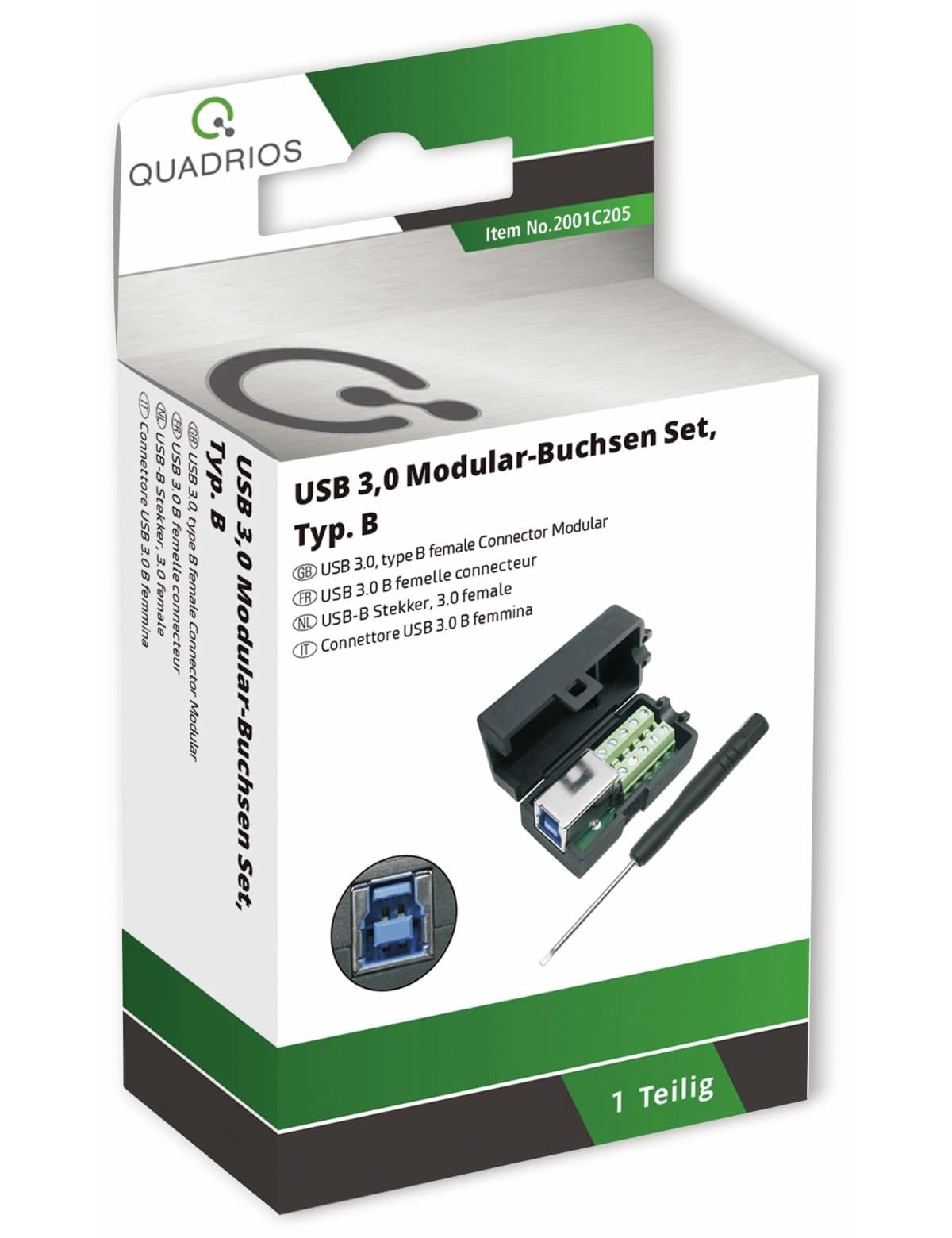 QUADRIOS USB-Modular-Set 2001C205, USB 3.0, Standard-B, Polzahl 10 QUADRIOS, 2001C205, USB-Modular-Set, USB 3.0 - Standard-B, Buchse, Einbau horizontal, Polzahl 10