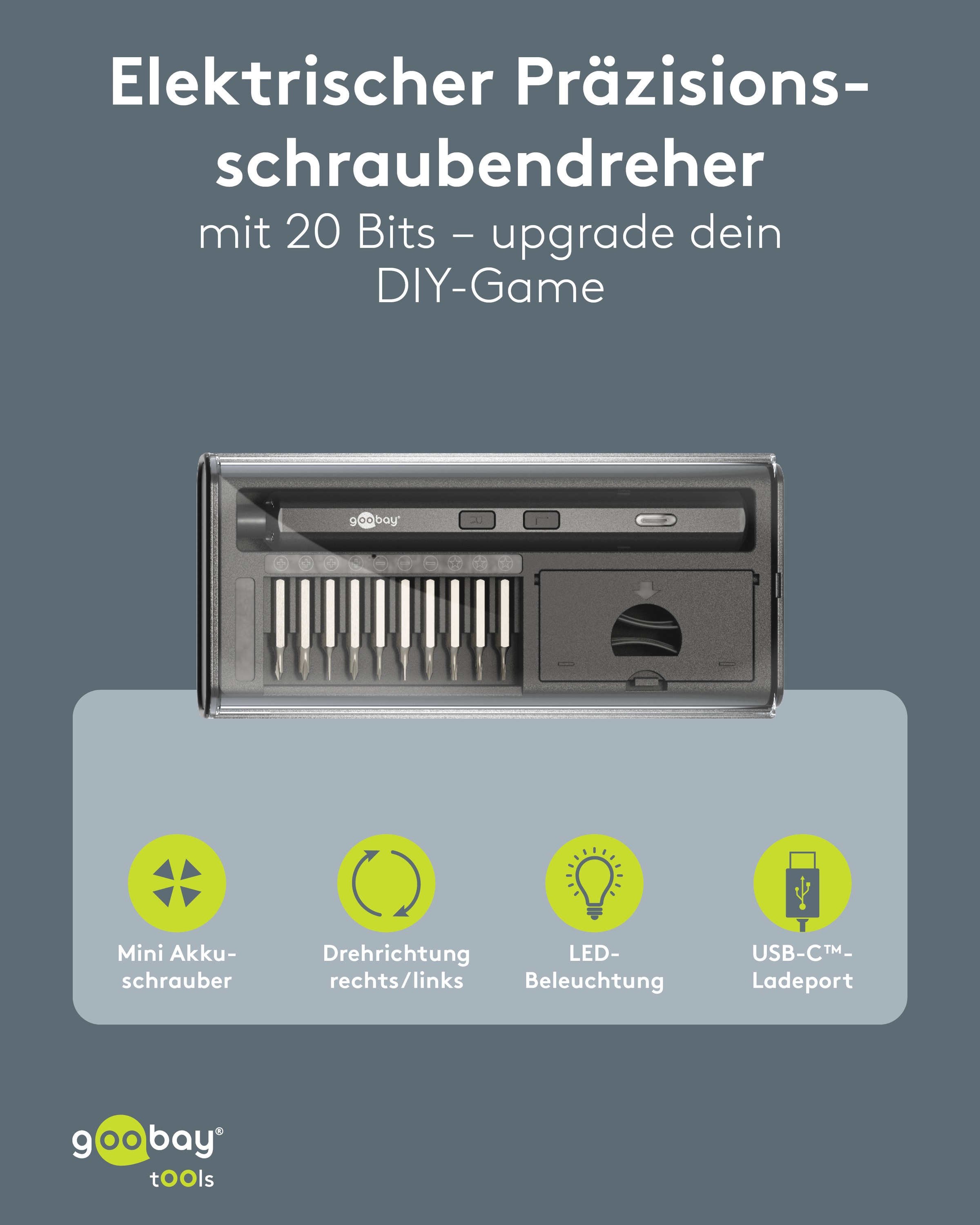 GOOBAY TOOLS Elektrischer Schraubendreher, 77838, mit 20-tlg. Präzisions-Bitsatz GOOBAY TOOLS Elektrischer Schraubendreher, 77838, mit 20-tlg. Präzisions-Bitsatz