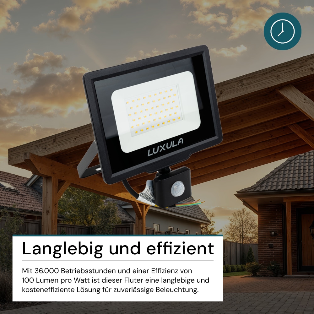 LUXULA LED-Fluter mit Bewegungsmelder, EEK: F, 50W, 5000lm, 3000K, schwarz