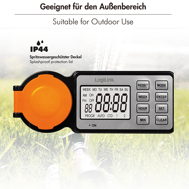 LOGILINK Outdoor-Zeitschaltuhr ET0016, 2,2"-LCD-Display, CEE 7/3, IP44, 3600 W, schwarz/orange LOGILINK Outdoor-Zeitschaltuhr mit 2,2"-LCD-Display, CEE 7/3, IP44, 3600 W, schwarz/orange