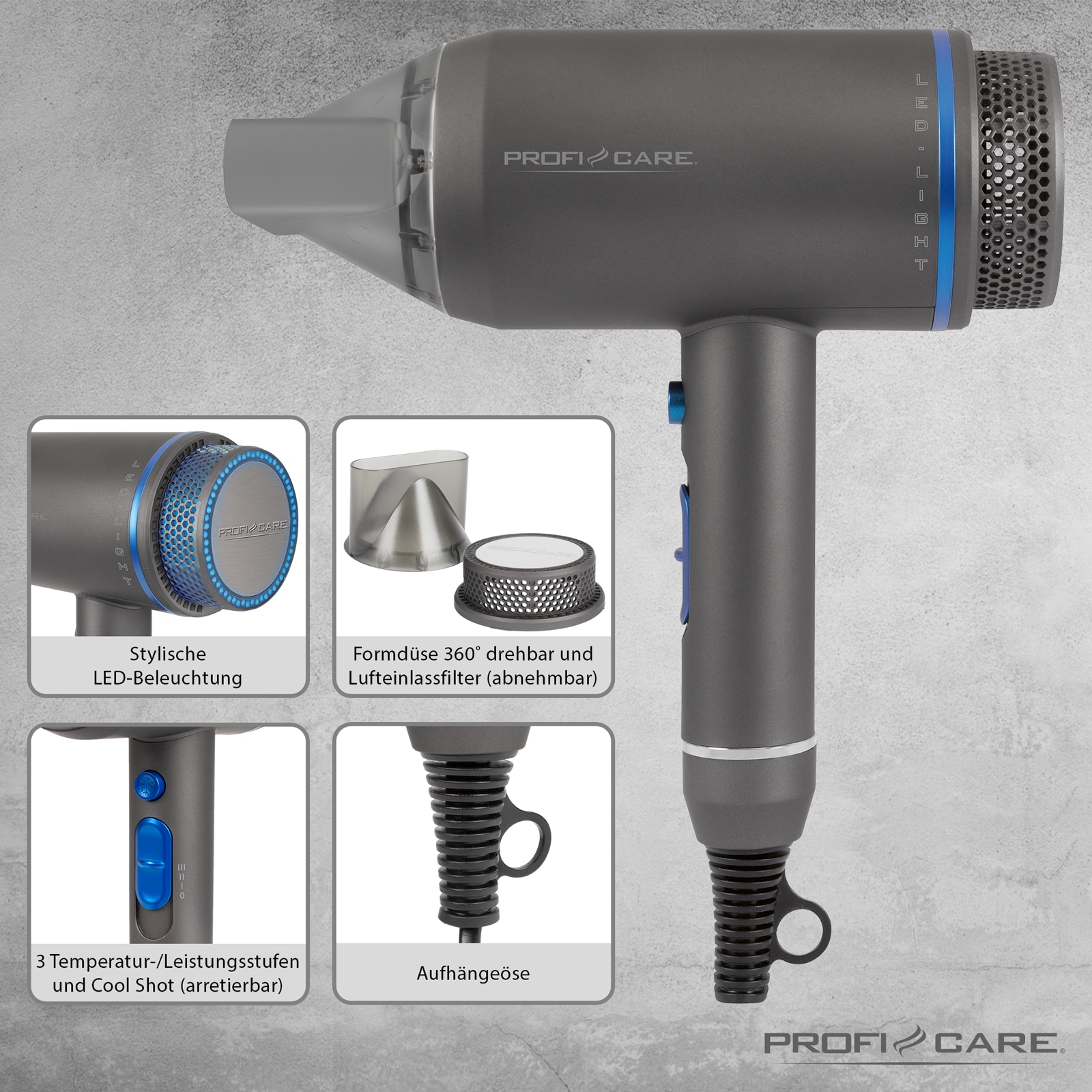 PROFI CARE Haartrockner PC-HT 3082, 1800 W, Ionic, LED, anthrazit PROFI CARE Haartrockner PC-HT 3082, 1800 W, Ionic, LED, anthrazit