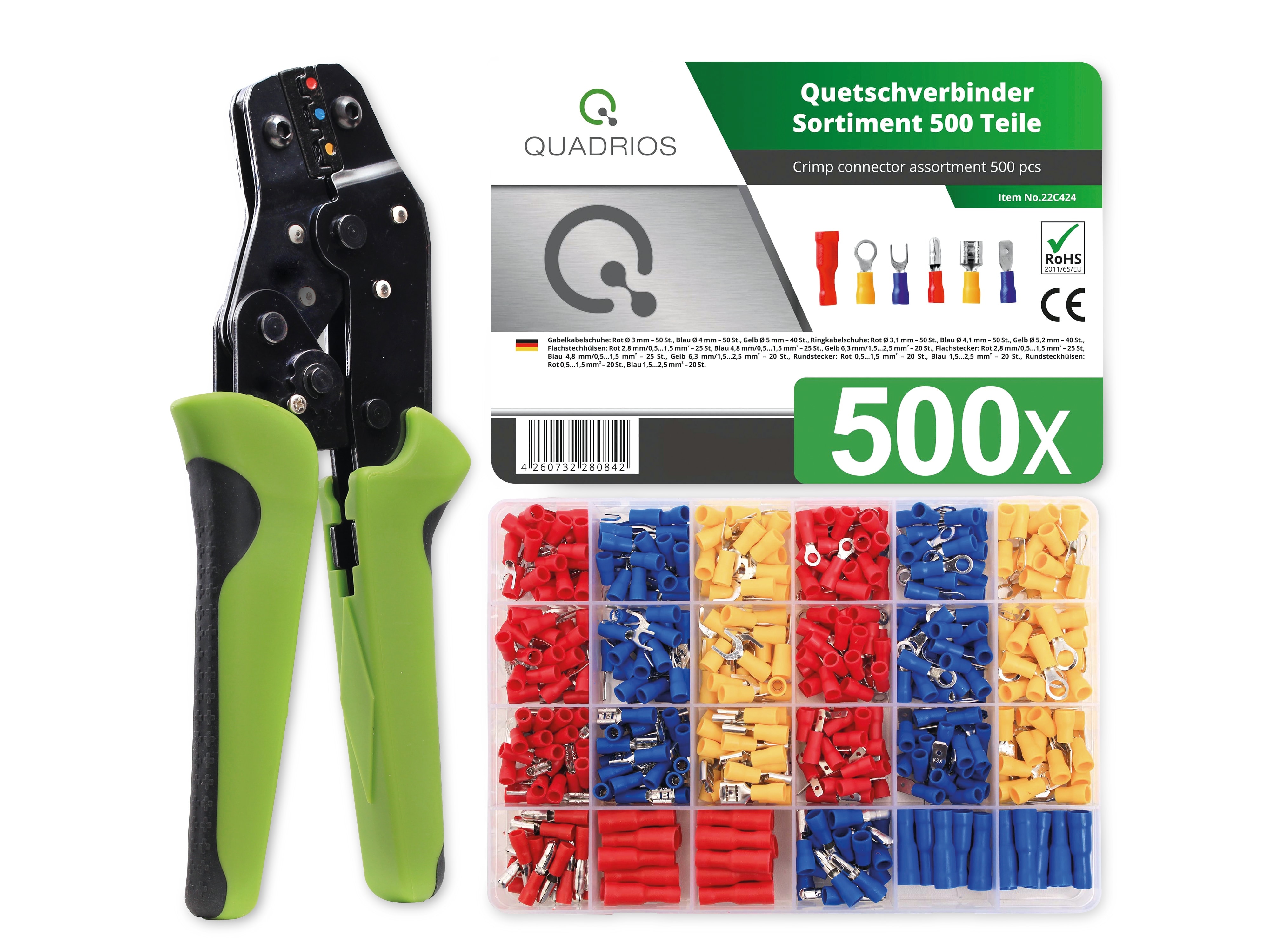 QUADRIOS Multifunktions-Crimpzange für isolierte Kabelschuhe mit Quetschverbinder-Set