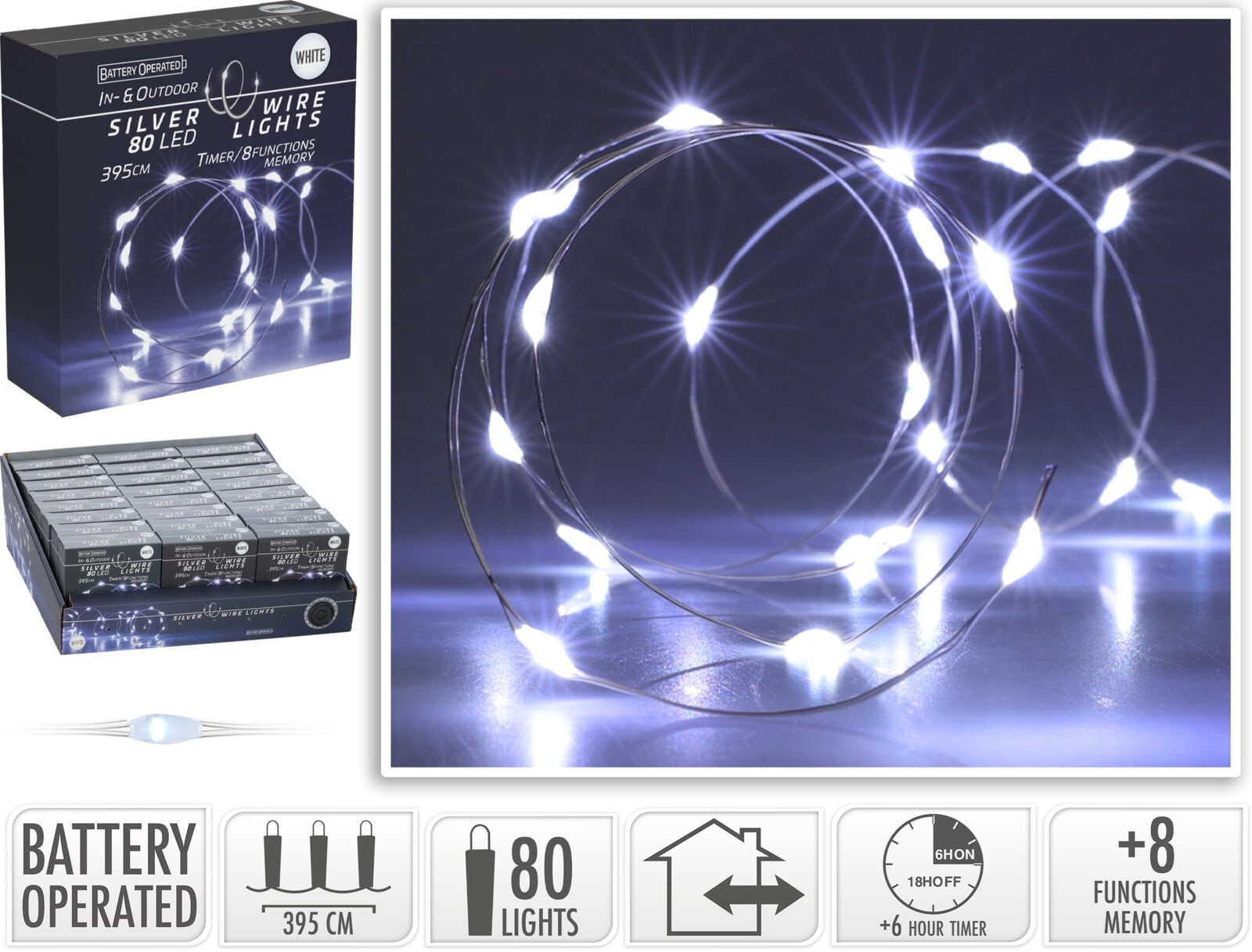 LED-Lichterkette kaltweiß, Batteriebetrieben, 80 LEDs, Silberdraht, Innen/Außen, 3,95m KOOPMAN LED-Lichterkette kaltweiß, Batteriebetrieben, 80 LEDs, Silberdraht, Innen/Außen, 3,95m