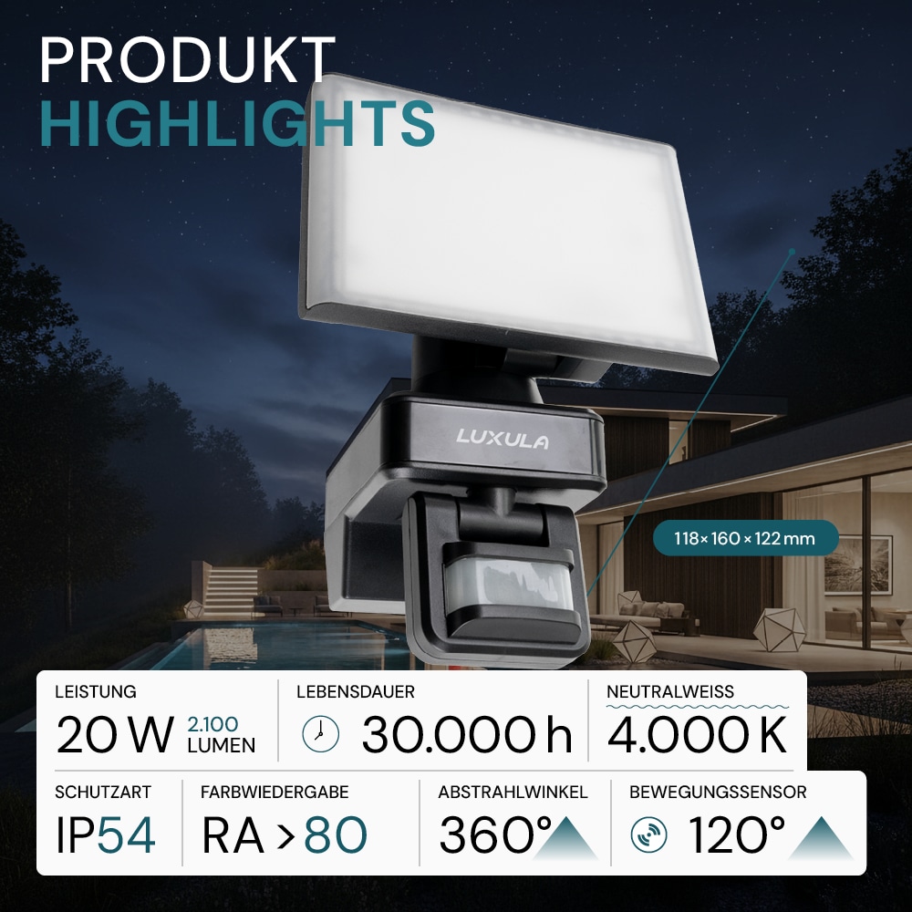 LUXULA LED-Fluter LX400193, mit BM, 20 W, 2100 lm, 4000 K, schwarz