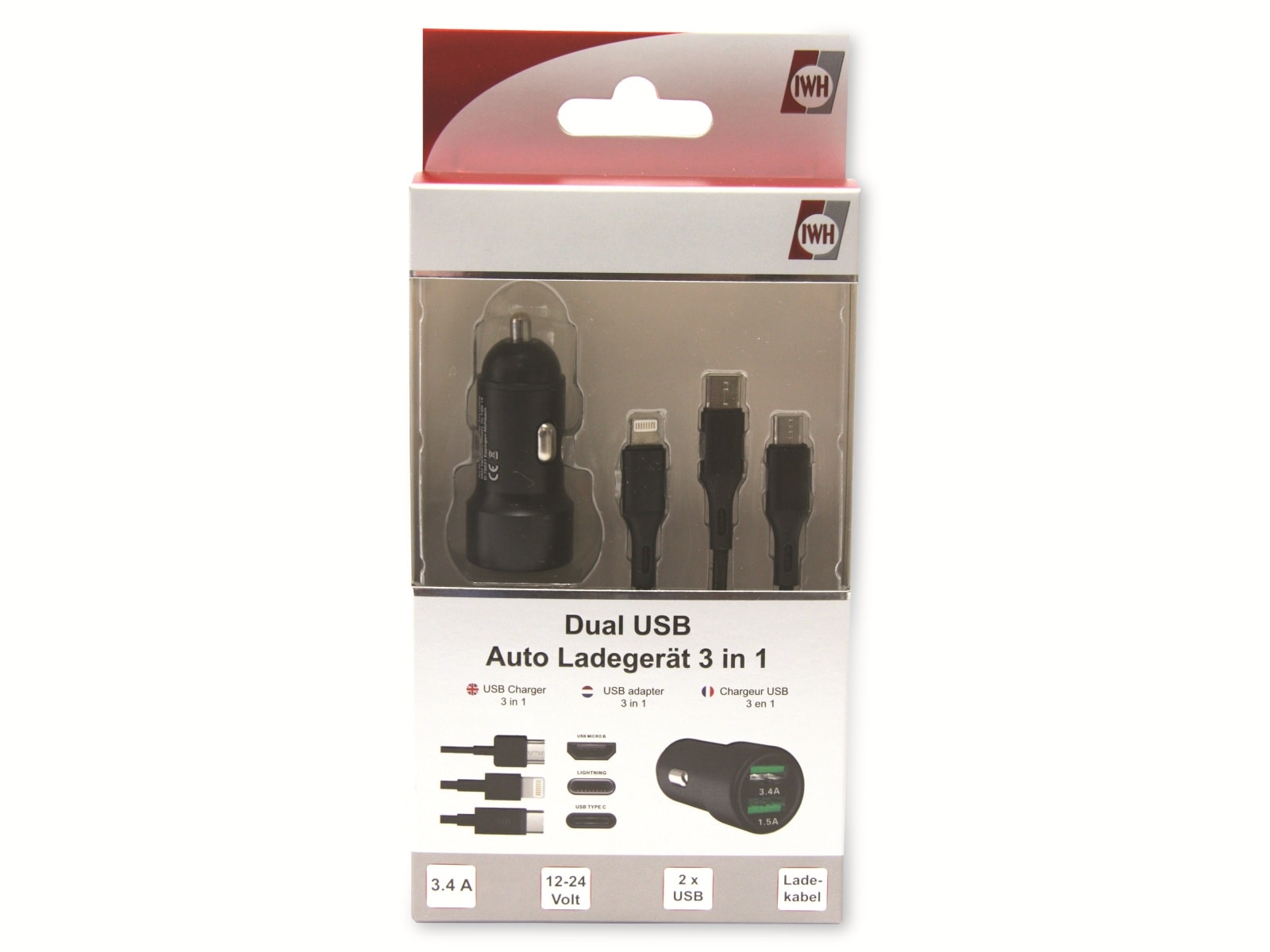 IWH Dual KFZ USB-Lader, 3-in-1, 12/24V, 3,4A IWH Dual KFZ USB-Lader, 3-in-1, 12/24V, 3,4A