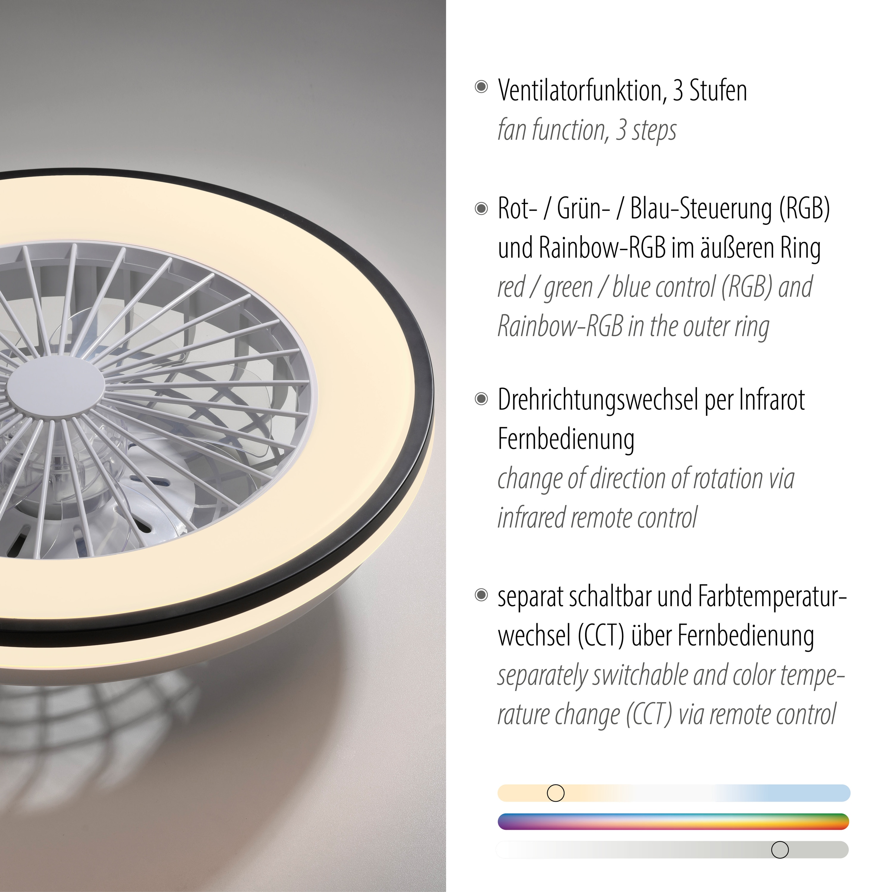JUST LIGHT LED-Deckenleuchte 14447-18, Ventilator, 44W, 5400lm, CCT, RGB, IP20, schwarz/weiß JUST LIGHT LED-Deckenleuchte 14447-18, Ventilator, 44W, 5400lm, CCT, RGB, IP20, schwarz/weiß
