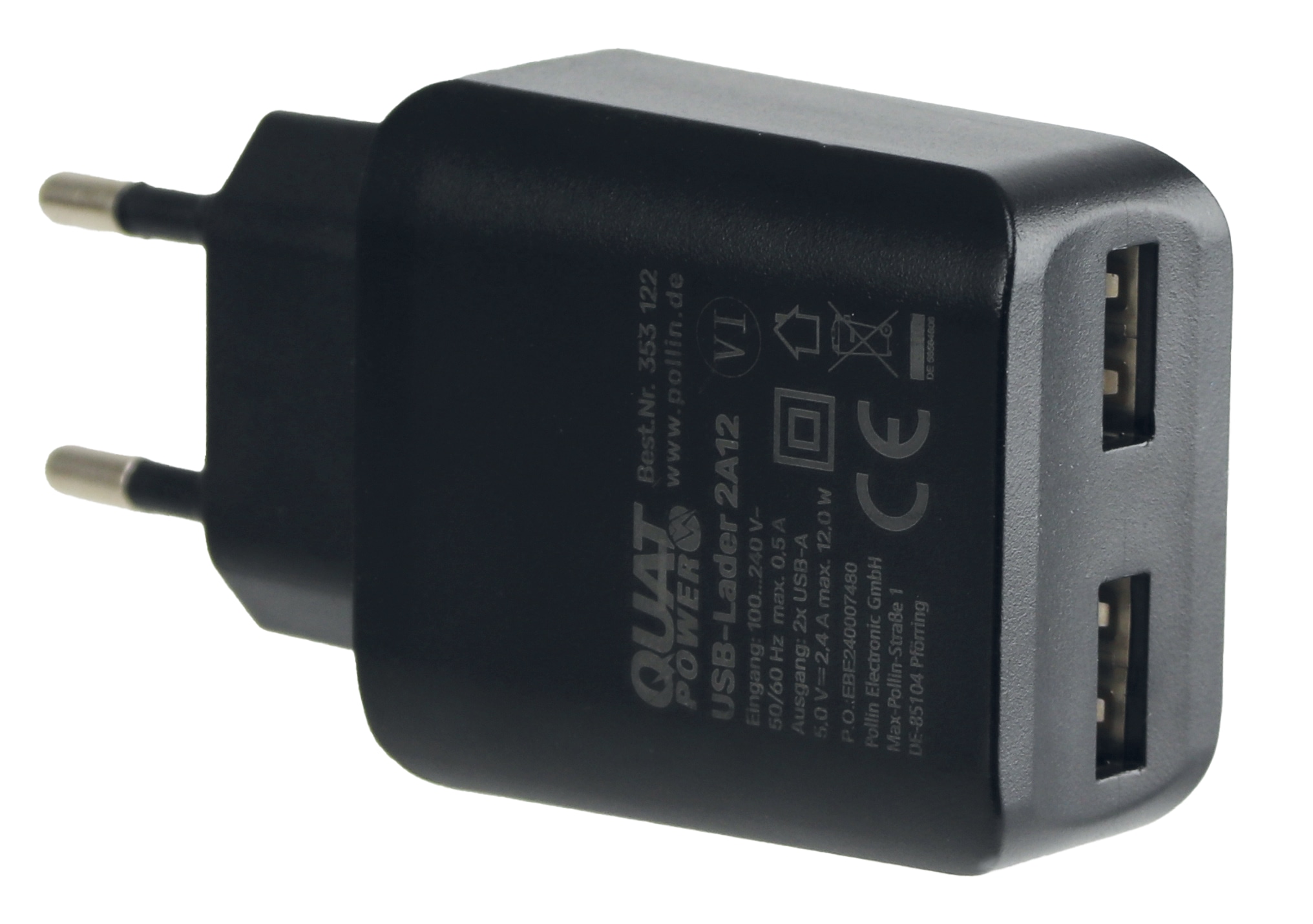 QUATPOWER USB-Lader 2A12, 2-fach, 2,4 A, schwarz QUATPOWER USB-Lader 2A12, 2-fach, 2,4 A, schwarz