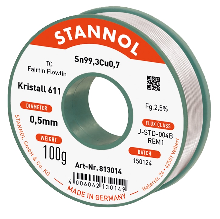 STANNOL Lötzinn Kristall 611, TC, Sn99,3Cu0,7, Fairtin Flowtin, 0,5 mm, 100 g STANNOL Lötzinn Kristall 611, TC, Sn99,3Cu0,7, Fairtin Flowtin, 0,5 mm, 100 g