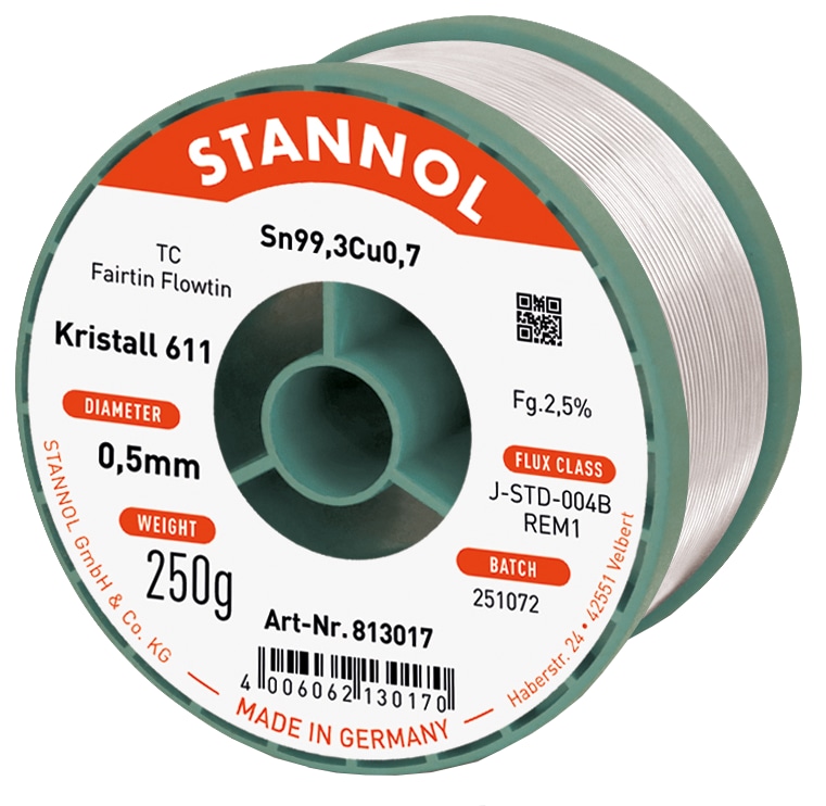 STANNOL Lötzinn Kristall 611, TC, Sn99,3Cu0,7, Fairtin Flowtin, 0,5 mm, 250 g STANNOL Lötzinn Kristall 611, TC, Sn99,3Cu0,7, Fairtin Flowtin, 0,5 mm, 250 g
