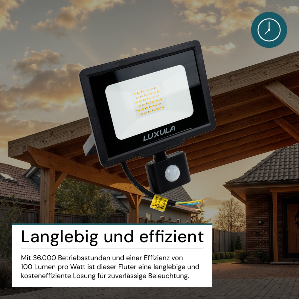 LUXULA LED-Fluter mit Bewegungsmelder, EEK: F, 30W, 3000lm, 3000K, schwarz