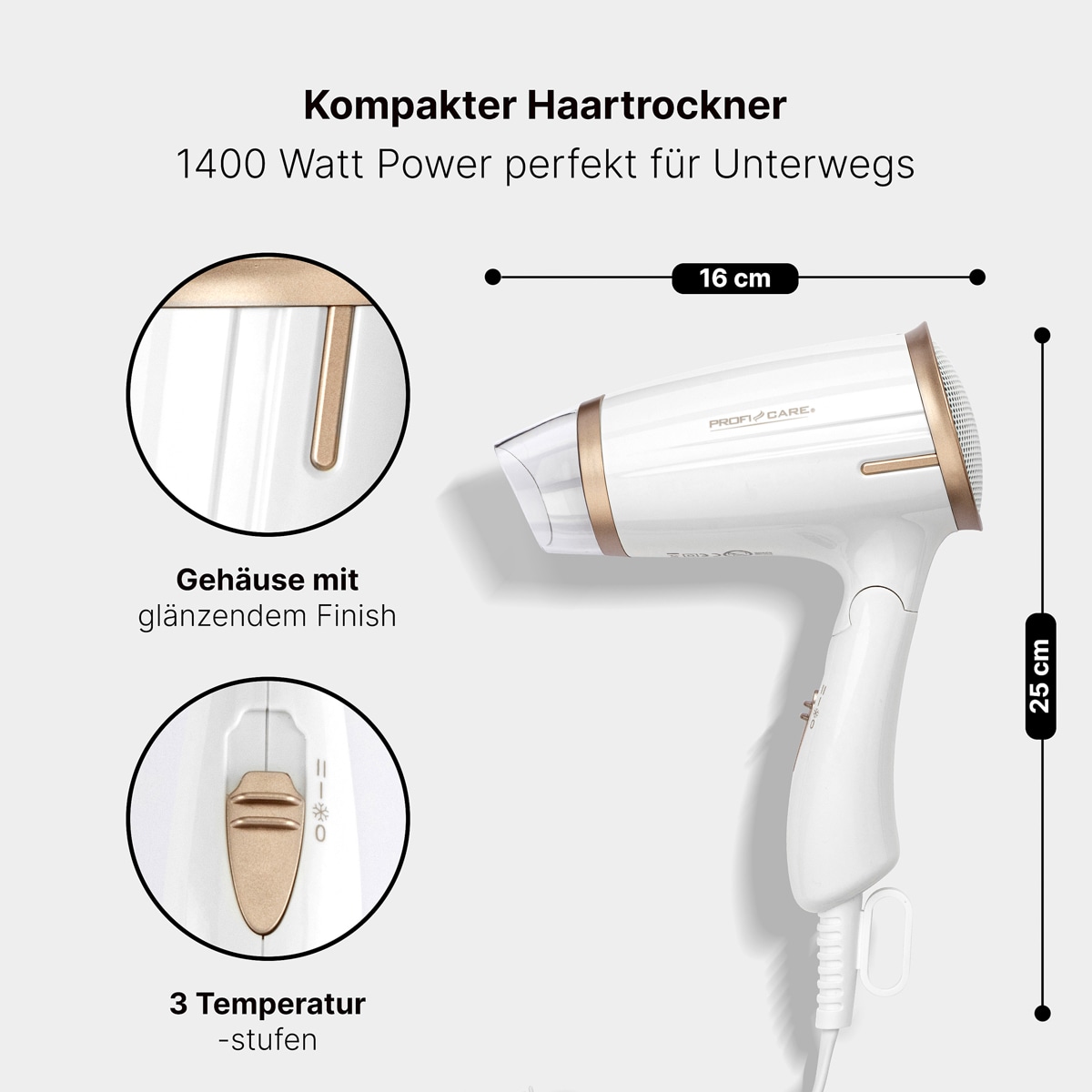 PROFI CARE Haartrockner PC-HT 3009, Klappgriff, kompakt, 1400W, weiß-chanpanger PROFICARE Haartrockner PC-HT 3009, Klappgriff, kompakt, 1400W, weiß-chanpanger