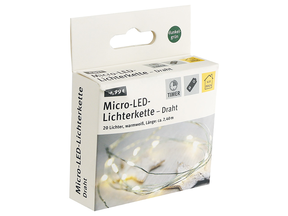 Micro-LED-Lichterkette, Dunkelgrün, 3V, warmweiß, 2,40m Micro-LED-Lichterkette, Dunkelgrün, 3V, warmweiß, 2,40m