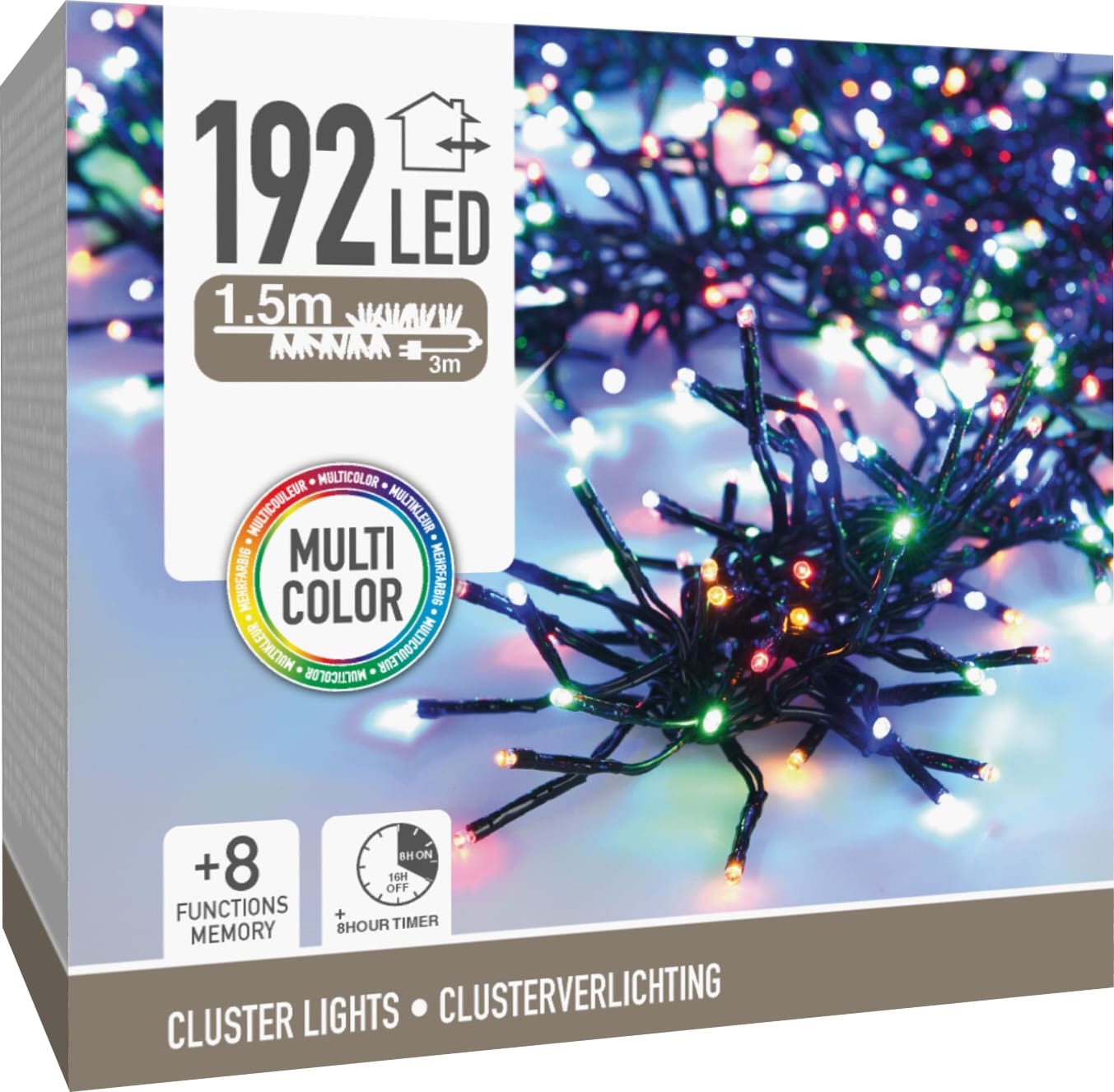 LED-Clusterbeleuchtung Büschel bunt, 192 LEDs, schwarzes Kabel, Innen/Außen, 4,5m KOOPMAN LED-Clusterbeleuchtung Büschel bunt, 192 LEDs, schwarzes Kabel, Innen/Außen, 4,5m