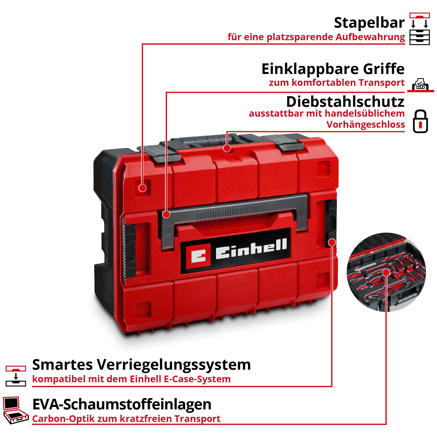 EINHELL Werkzeugkoffer KFZ, 370515, E-CASE, 121-teilig
