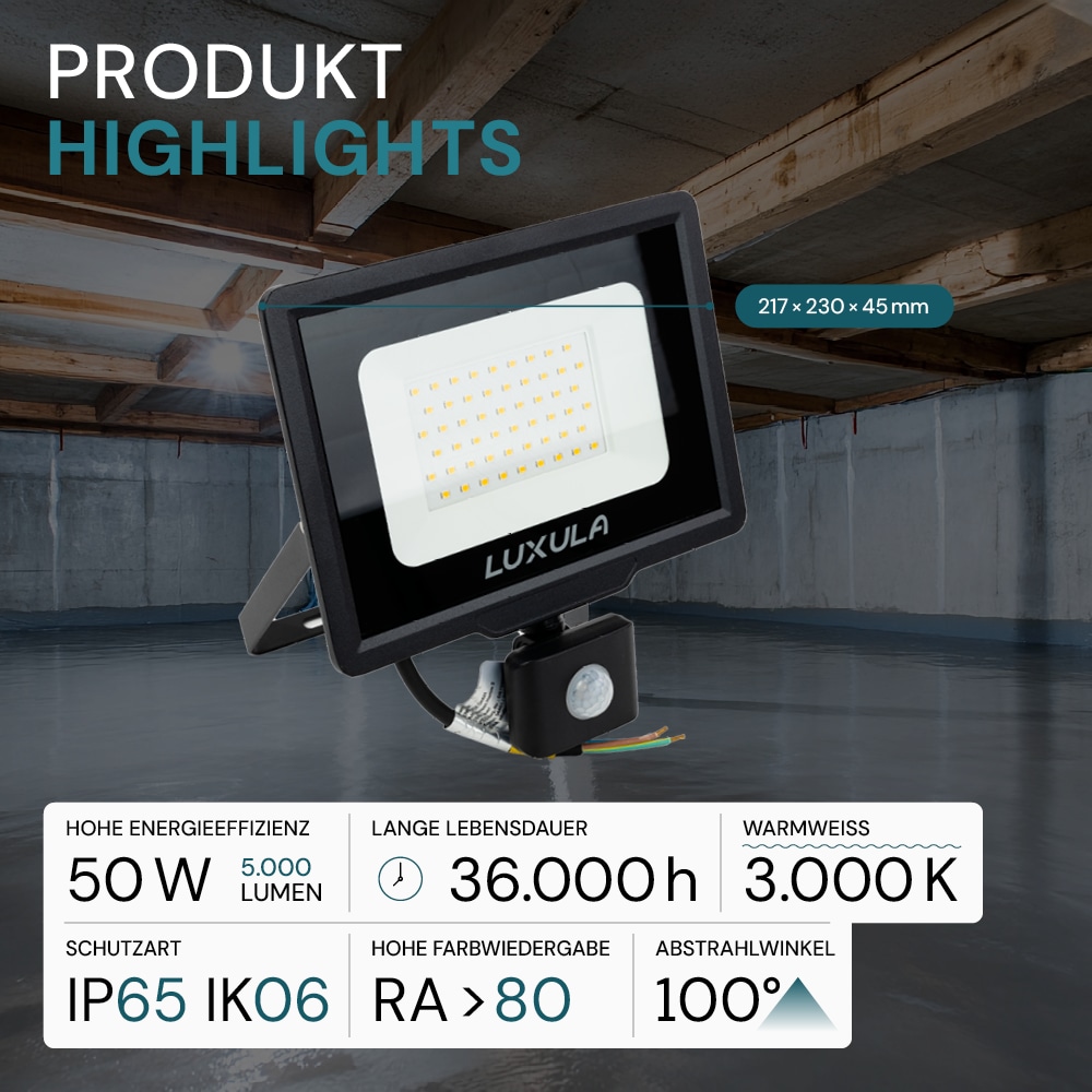 LUXULA LED-Fluter mit Bewegungsmelder, EEK: F, 50W, 5000lm, 3000K, schwarz