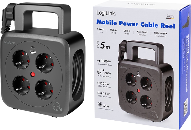 LOGILINK Kabeltrommel LPS504, 4-fach, 1x USB-A, 1x USB-C, 3000 W, 5 m LOGILINK Kabeltrommel LPS504, 4-fach, 1x USB-A, 1x USB-C, 3000 W, 5 m