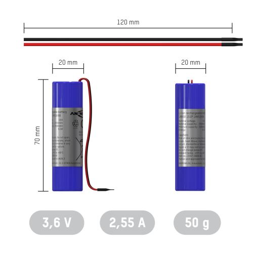 ANSMANN Li-Ion Akkupack mit Ausgangskabel, 1S1P, 9,1 Wh, 3,6 V, 2550 mAh, blau ANSMANN Li-Ion Akkupack mit Ausgangskabel, 1S1P, 9,1 Wh, 3,6 V, 2550 mAh, blau