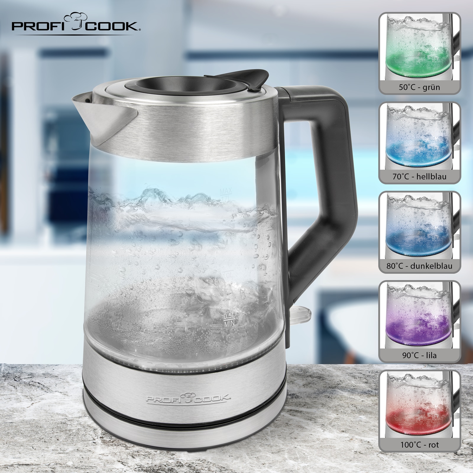 PROFI COOK Wasserkocher PC-WKS 1190 G inox LED, 1,7 L, 2200 W, Glas PROFI COOK Wasserkocher PC-WKS 1190 G inox LED, 1,7 L, 2200 W, Glas