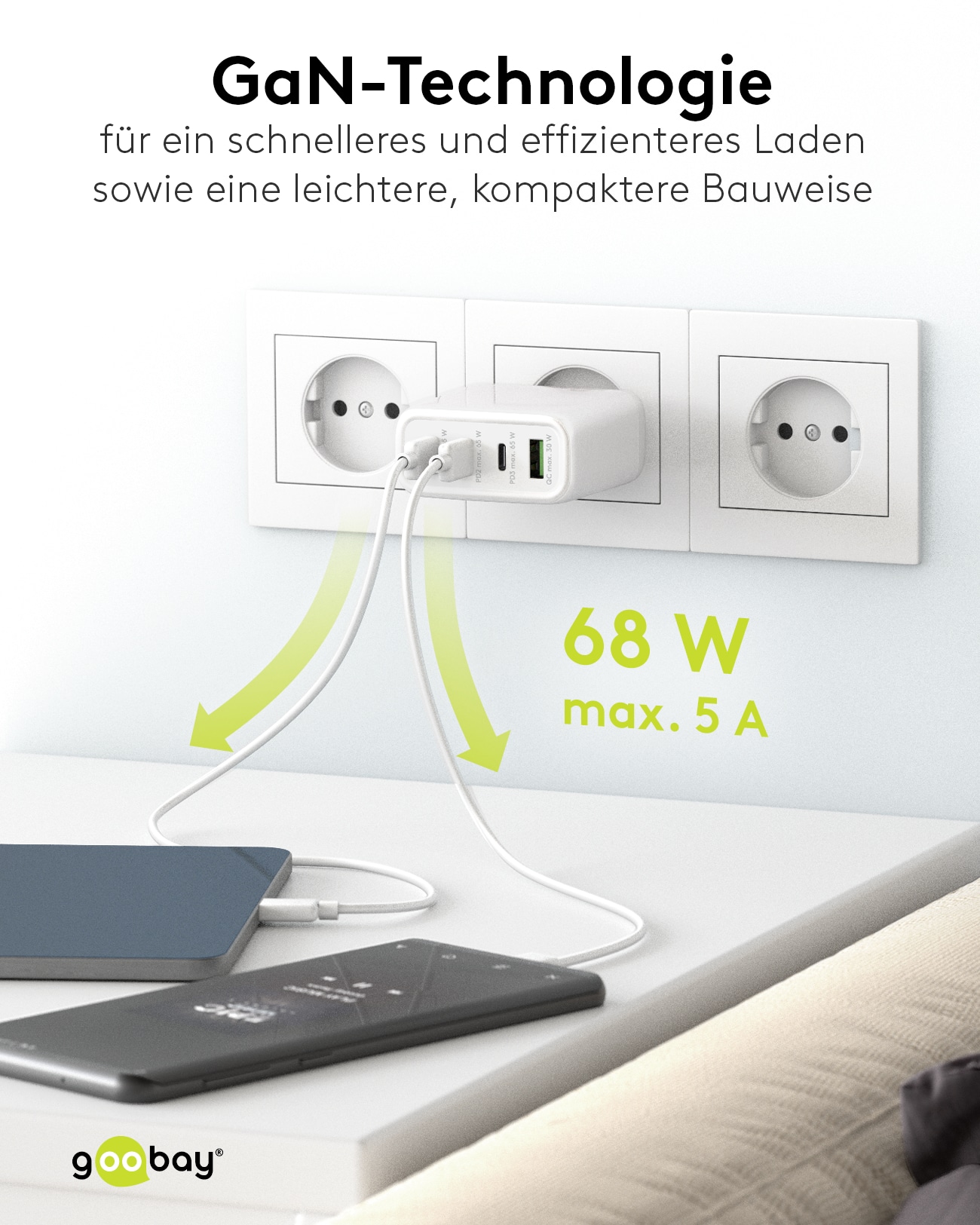GOOBAY USB-Lader 64822, 68 W, 4-fach, 3x C PD, 1x A QC GaN GOOBAY USB-Lader 64822, 68 W, 4-fach, 3x C PD, 1x A QC GaN