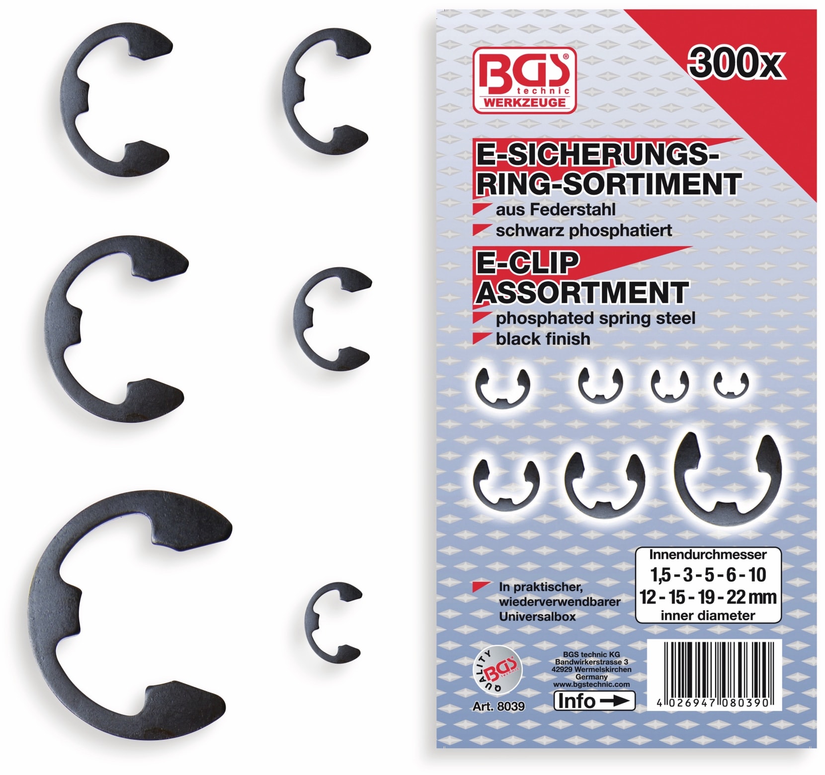 BGS TECHNIC E-Sicherungsring-Set, 8039, 1,5...22mm, 300-tlg BGS TECHNIC E-Sicherungsring-Set, 8039, 1,5...22mm, 300-tlg