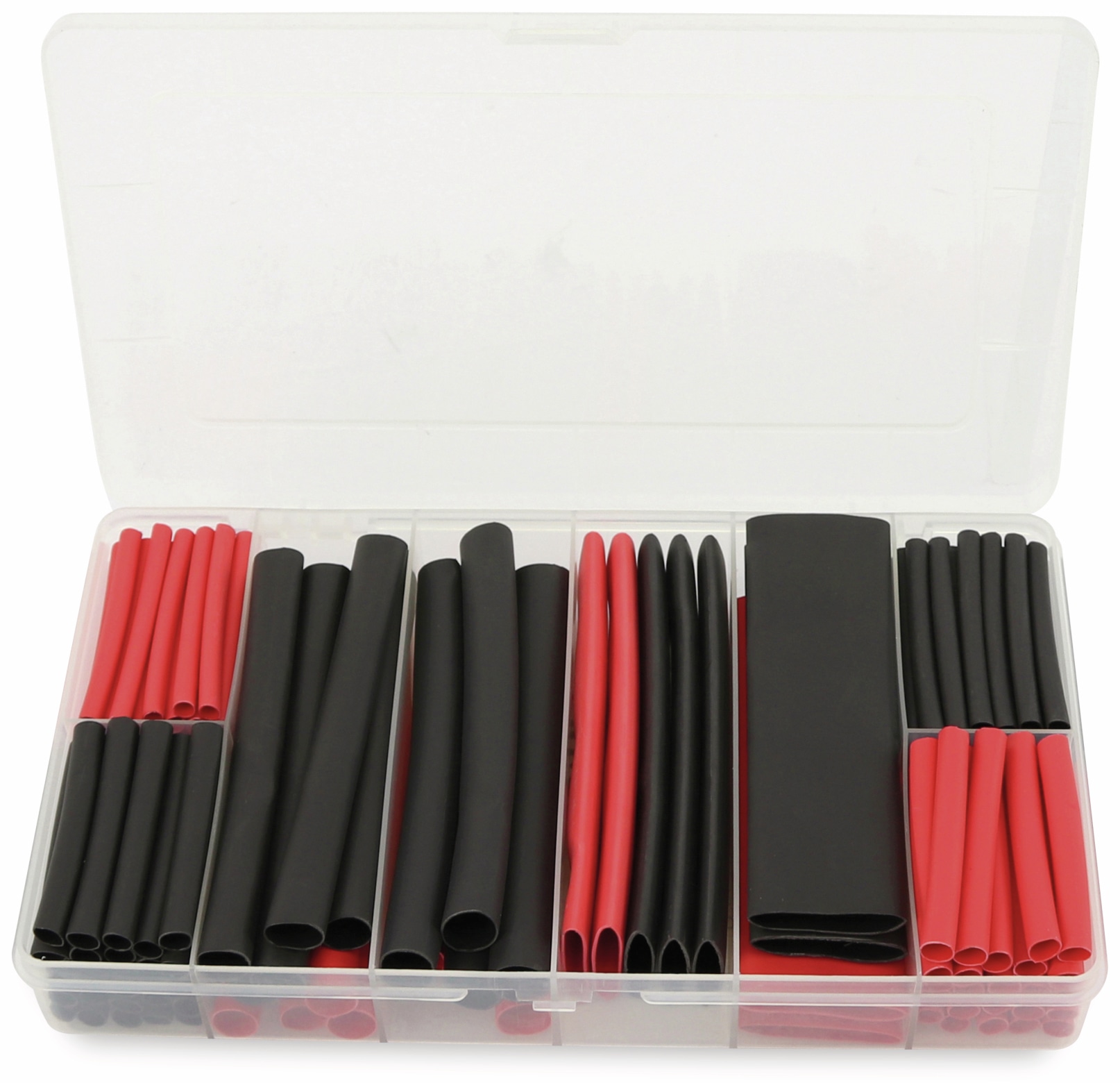 Schrumpfschlauch-Sortiment, 142-teilig Plastikbox, klebend, Schrumpfrate 3:1, schwarz+rot Schrumpfschlauch-Sortiment, 142-teilig Plastikbox, klebend, Schrumpfrate 3:1, schwarz+rot