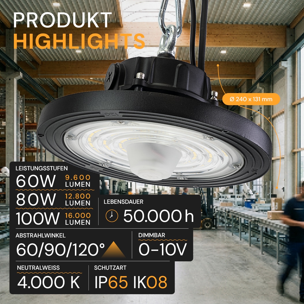 ENOVALITE LED-HighBay-Leuchte, UFO, 60...100 W, 4000 K, EEK: C, 9600...16000 lm, dimmbar, IP65, schwarz ENOVALITE LED-HighBay-Leuchte, UFO, 60...100 W, 4000 K, EEK: C, 9600...16000 lm, dimmbar, IP65, schwarz
