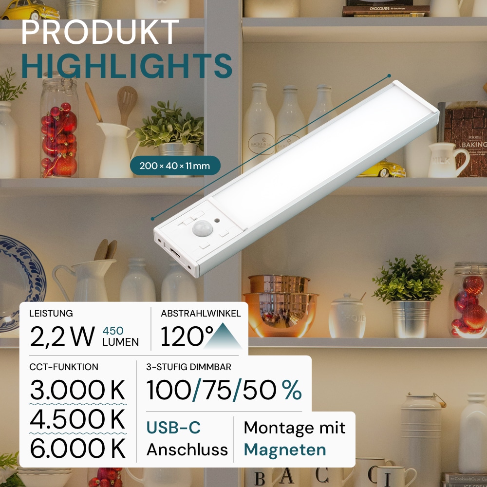 LUXULA LED-Schrankleuchte mit Bewegungsmelder, 2,2W, 70lm, CCT, IP20, dimmbar, silber, 20cm LUXULA LED-Schrankleuchte mit Bewegungsmelder, 2,2W, 450lm, CCT, IP20, dimmbar, silber, 20cm