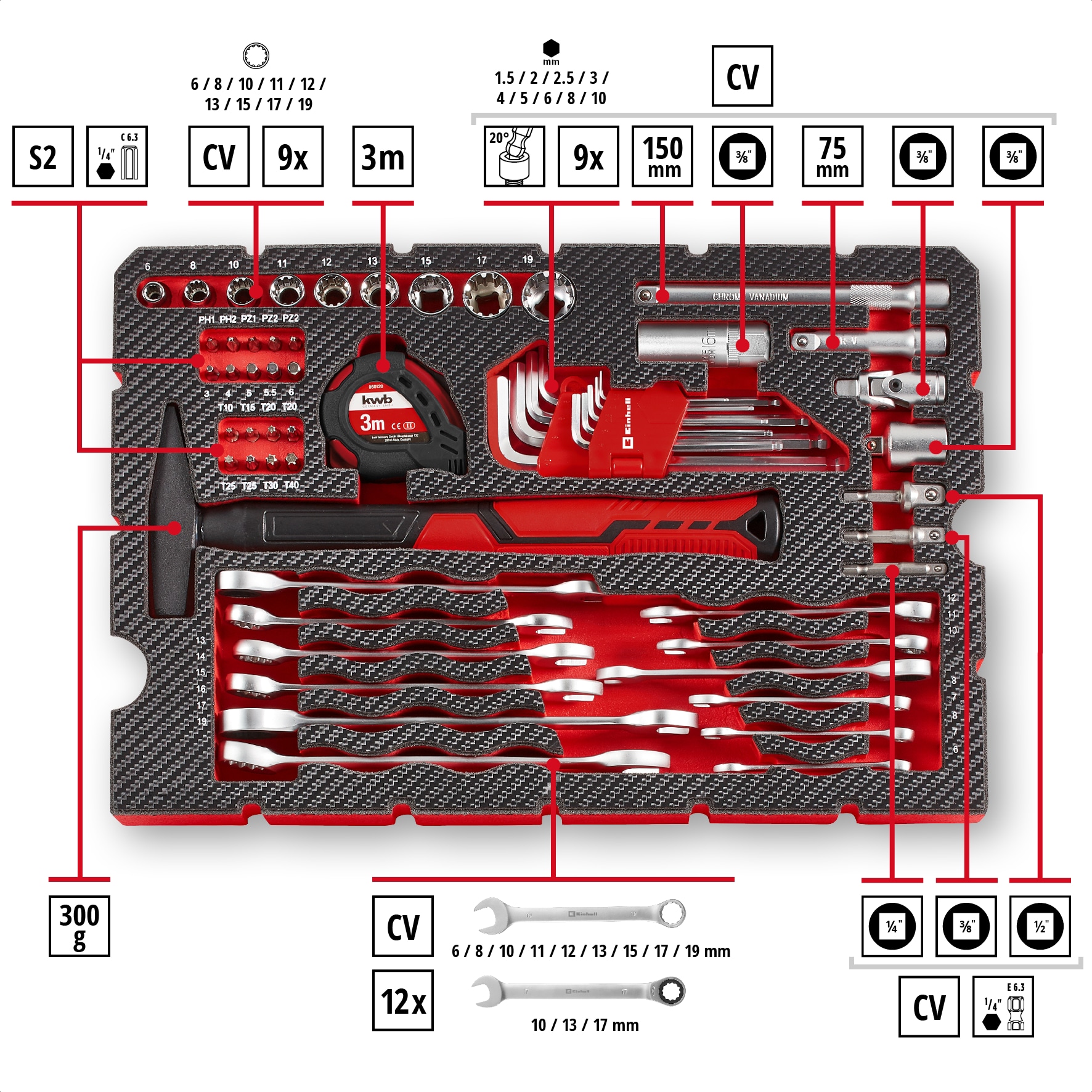 EINHELL Werkzeugkoffer, 370570, E-Case, 80-teilig