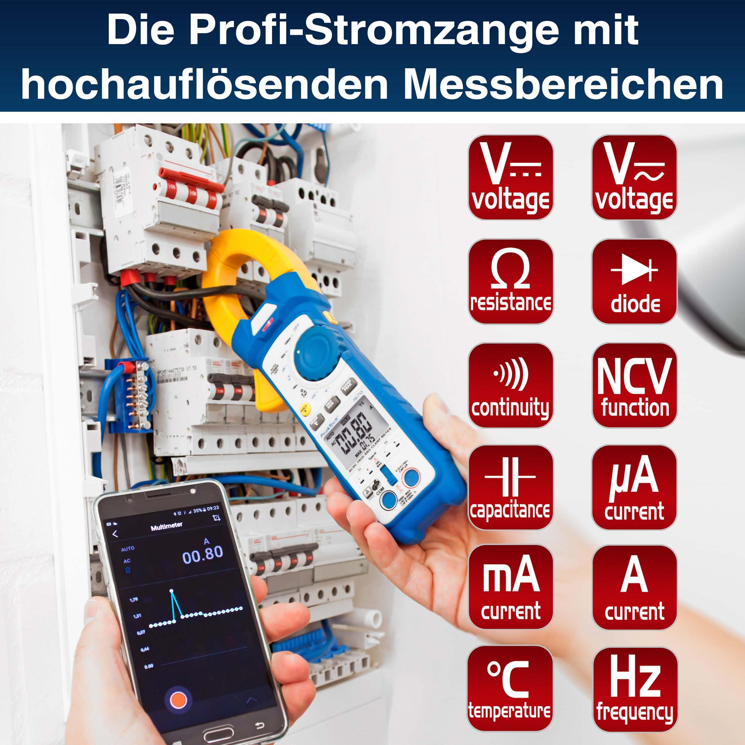 PEAKTECH True RMS Stromzange, P 1670, 1000 A AC/ DC, Bluetooth PEAKTECH True RMS Stromzange, P 1670, 1000 A AC/ DC, Bluetooth